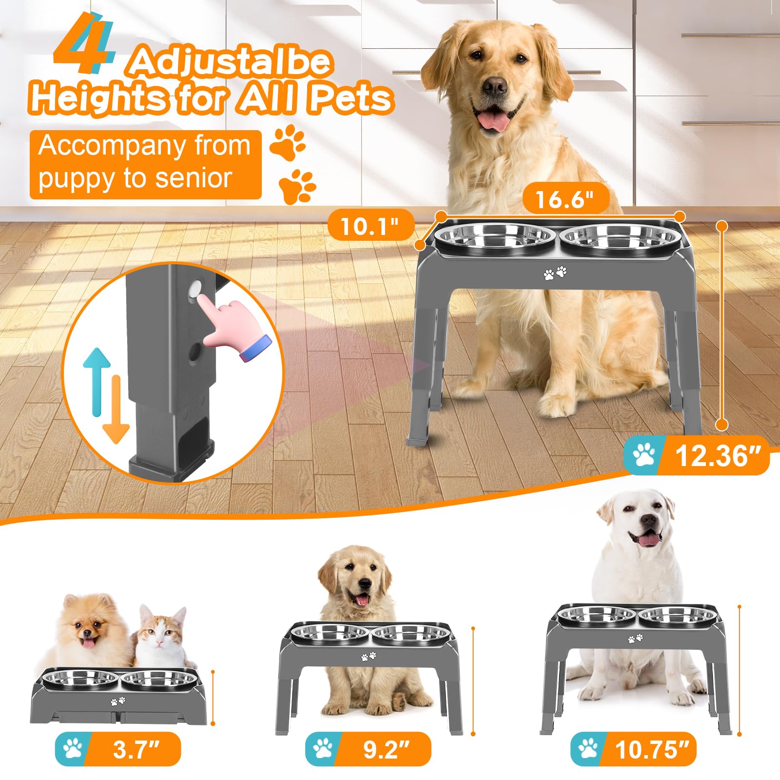 Elevated Bowls, 4 Height Adjustable Raised Stand With 2 Thick 50oz Stainless Steel Food Bowls, Non-Slip Feeder for Large Medium Dogs, Adjusts to 3.7", 9.2", 10.75", 12.36" Grey