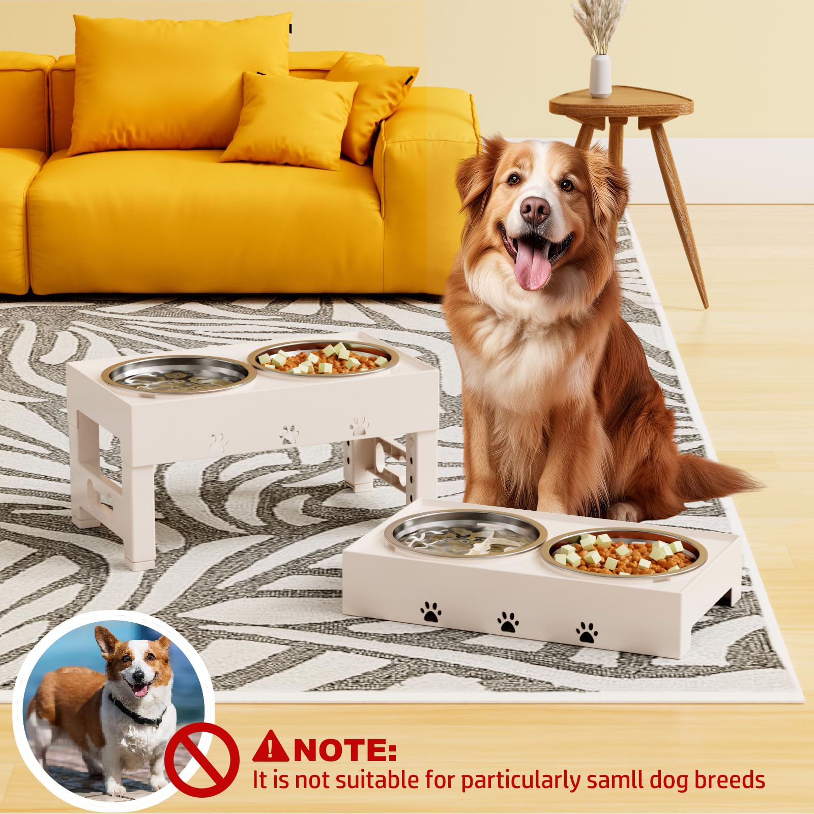 LAKIPETN Elevated Dog Bowls with Mat, Raised Dog Food Bowl Stand with 2 Stainless Steel Bowls, 5 Height Adjustable (3.1", 9", 10", 11", 12") Non-Slip Feeder Set for Medium and Large Dogs – Apricot
