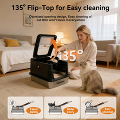 ‌Topyangs Stainless Steel Litter Box with Lid, 135° Flip-Top Enclosed Cat Litter Box, Odor-Control Metal Breeze System, Covered High Sides Anti-Spill, Cat Lover Gift, Black