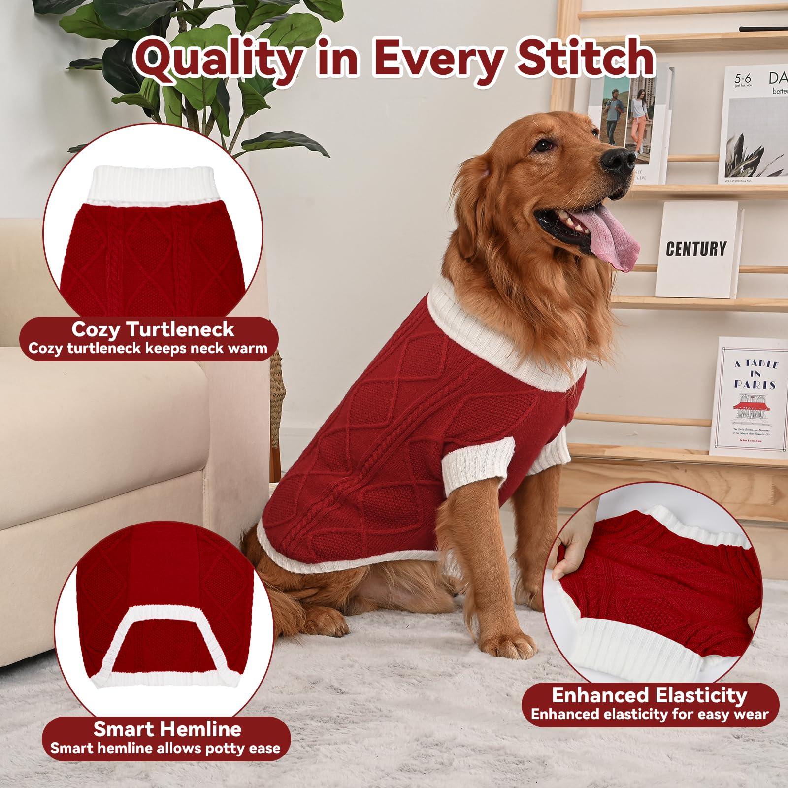 Lorehelina Dog Sweater for Large Dogs Argyle Cable Knit Turtleneck Pullover Winter Clothes for Boys Girls Stretch Golden Retriever Bulldog Pitbull Labrador Doberman Christmas Pet (XXL, Red)