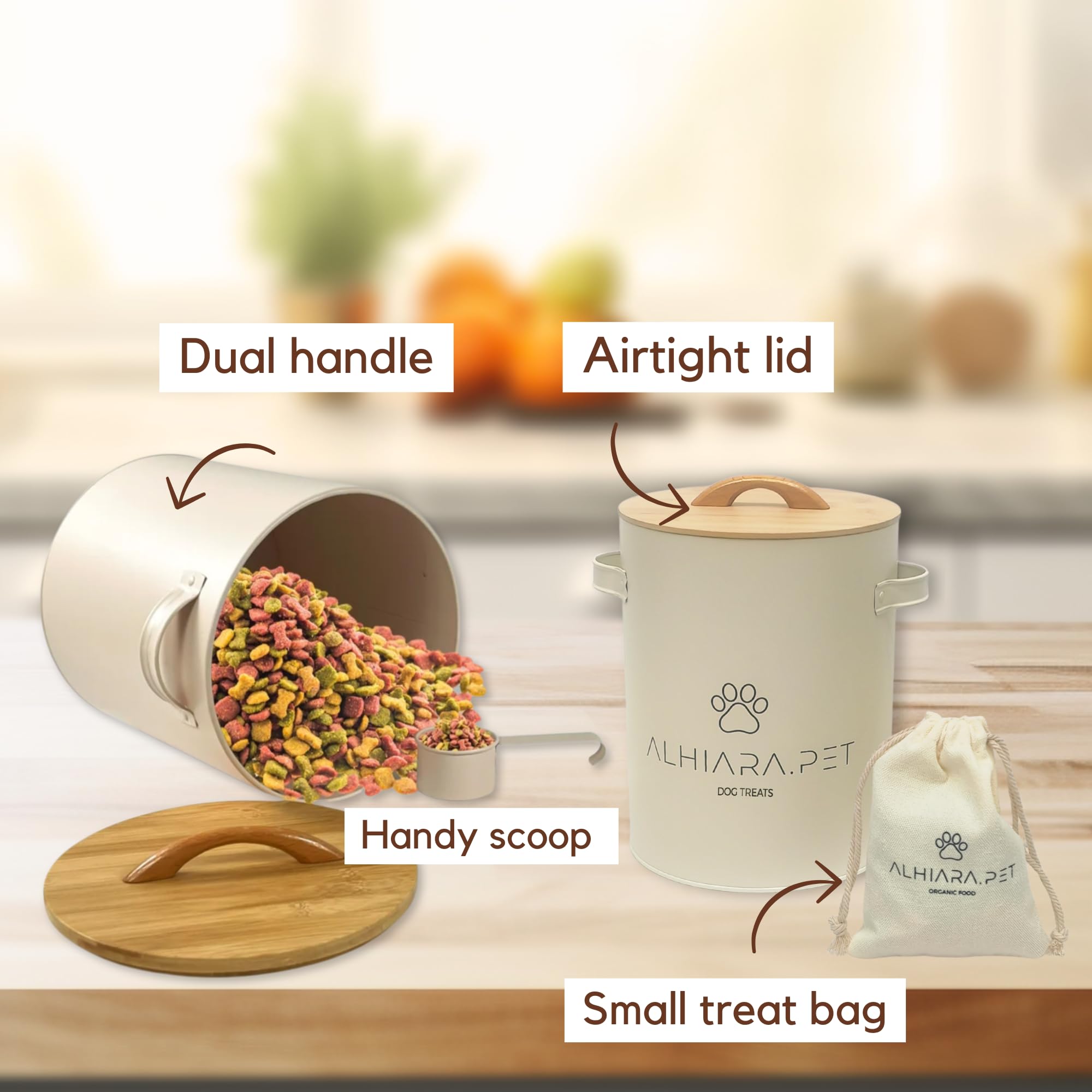 ALHIARA Dog Treat Container Airtight with Scoop – Large 5–7 lbs (24 Cups) Capacity for Biscuits, Snacks & Kibble – 2-Piece Storage Set with Small Bonus Canister – Decorative Countertop Jar
