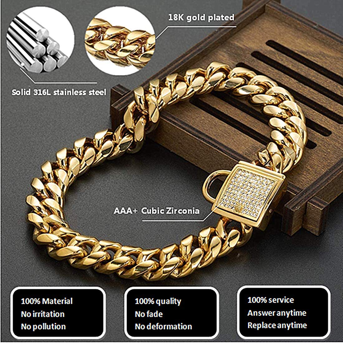 AIYIDI Gold Dog Collar – 14mm Stainless Steel Cuban Chain with Zirconia Lock, 24-inch