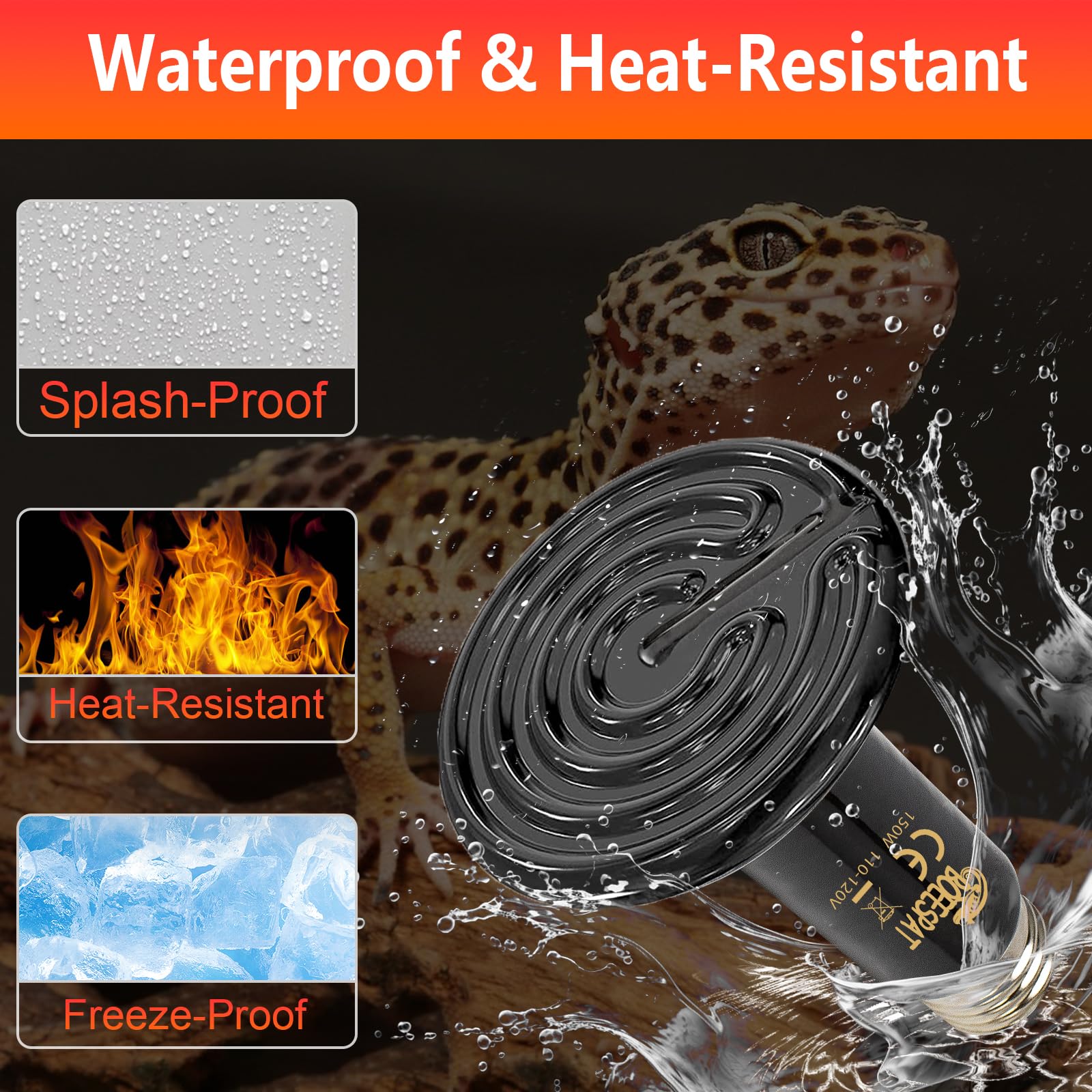 BOEESPAT 100W Ceramic Heat Emitter for Day and Night Use, Pack of 2 Reptile Basking Heat Lamp for Bearded Dragon, Lizard, Iguana & Amphibians (Black, 100 Watts)