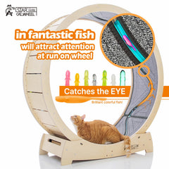 Star Cat Wheel, Cat Treadmill, Exercise Wheel for Running, Spinning, Scratching, and Climbing for Indoor Cats, Premium Birch Wood, Eco-Friendly, Moving Fish, Wide Running Track, 41.7 inch L Size