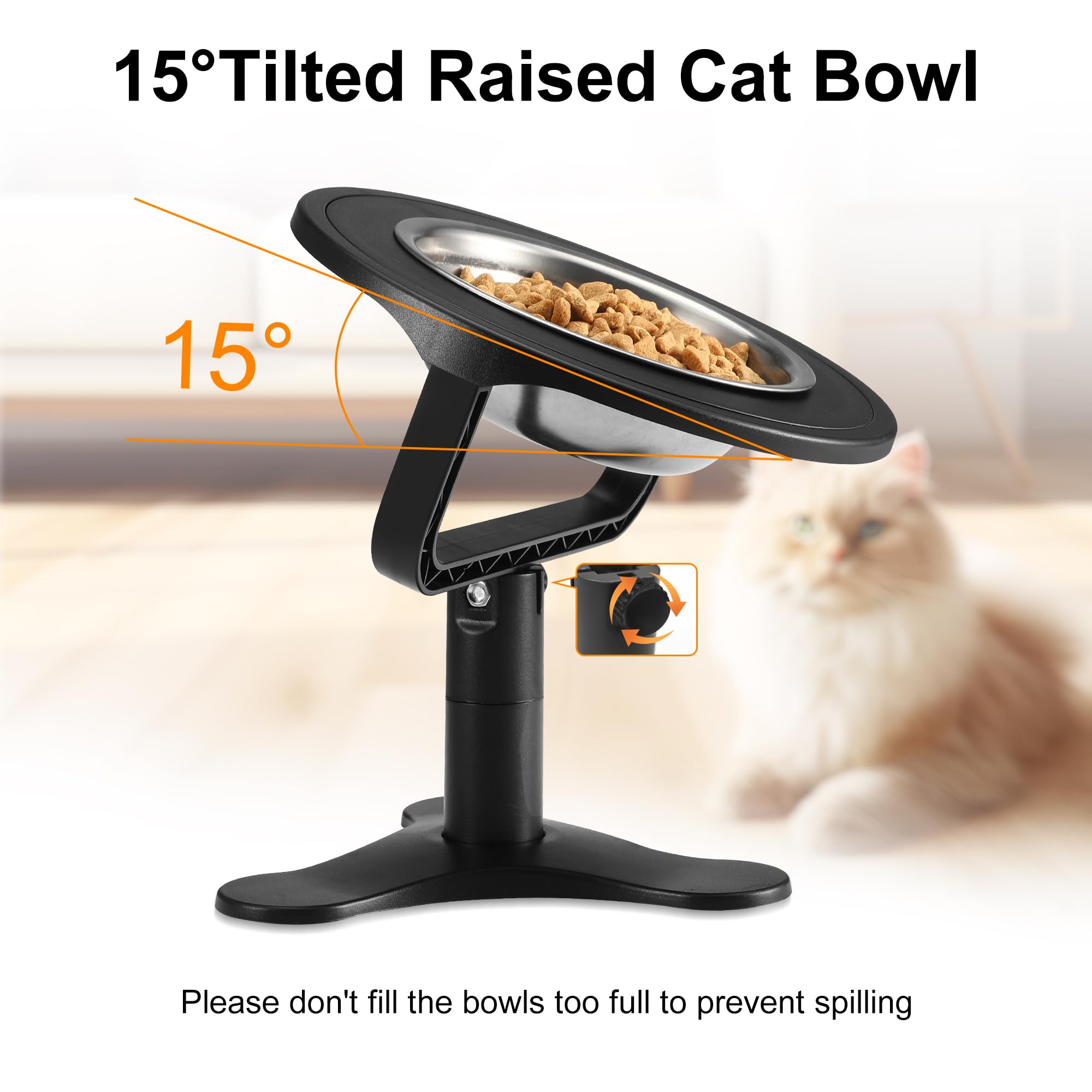 Tolopu Raised Cat Bowls – Height-Adjustable Stand, 15° Tilt, Non-Slip Stainless Steel (2-Pack)