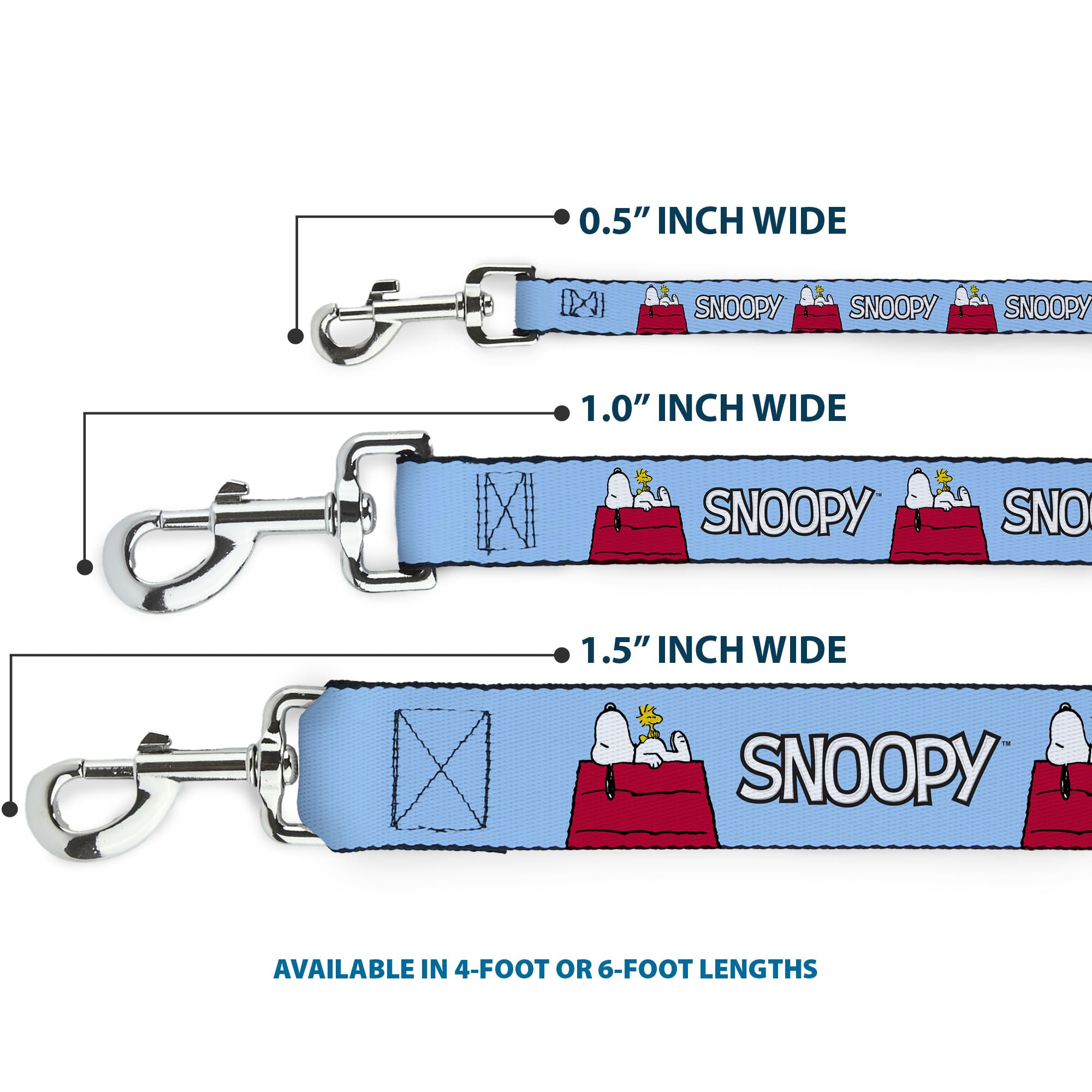 Peanuts Worldwide LLC Pet Leash, Dog Leash, Peanuts Snoopy and Woodstock Dog House Pose and Text Sky Blue, 6 Feet Long 1.5 Inch Wide