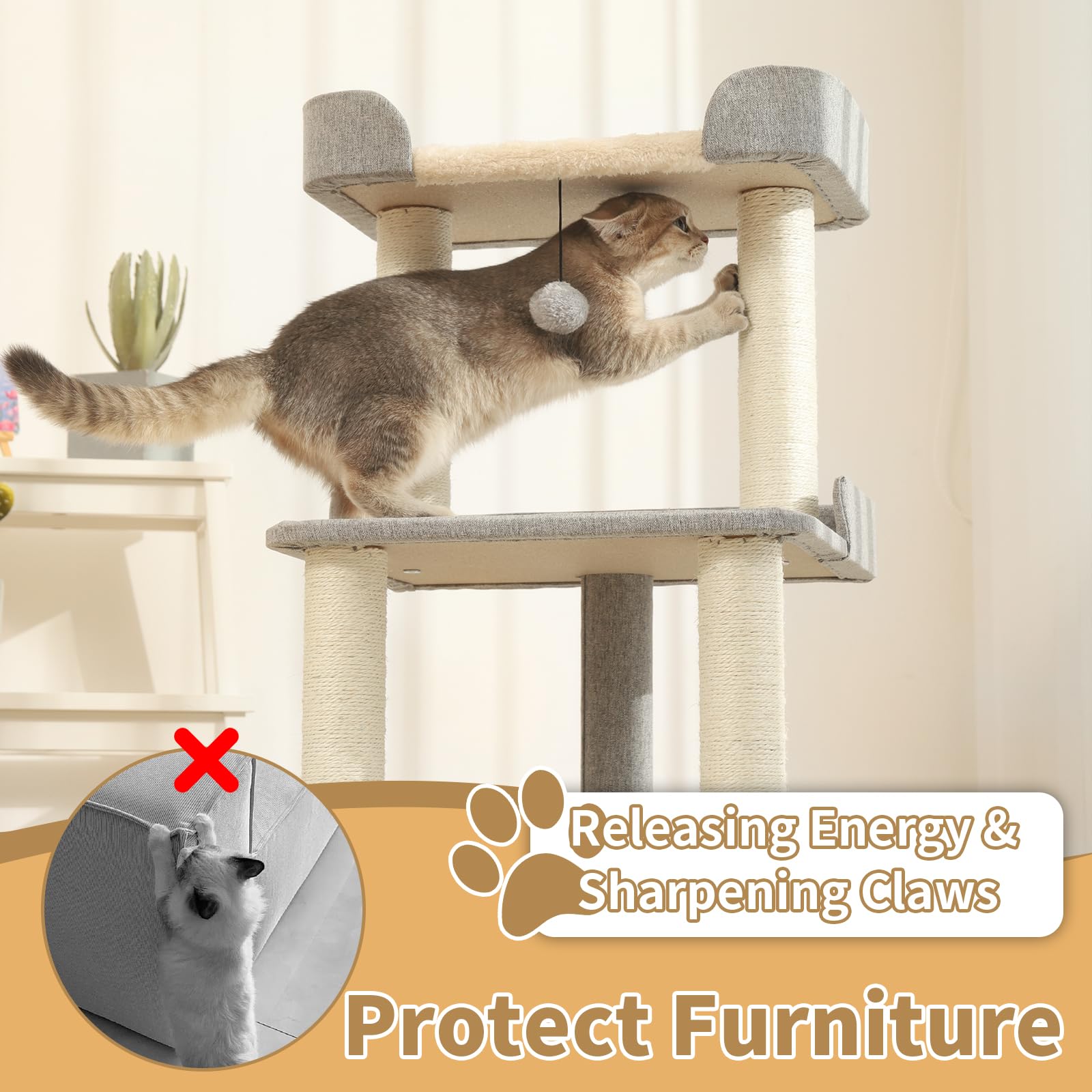Jgchonwen Durable Cat Tree with Bed – 27.56in Multi-Level Sisal Cat Scratching Posts (Grey)