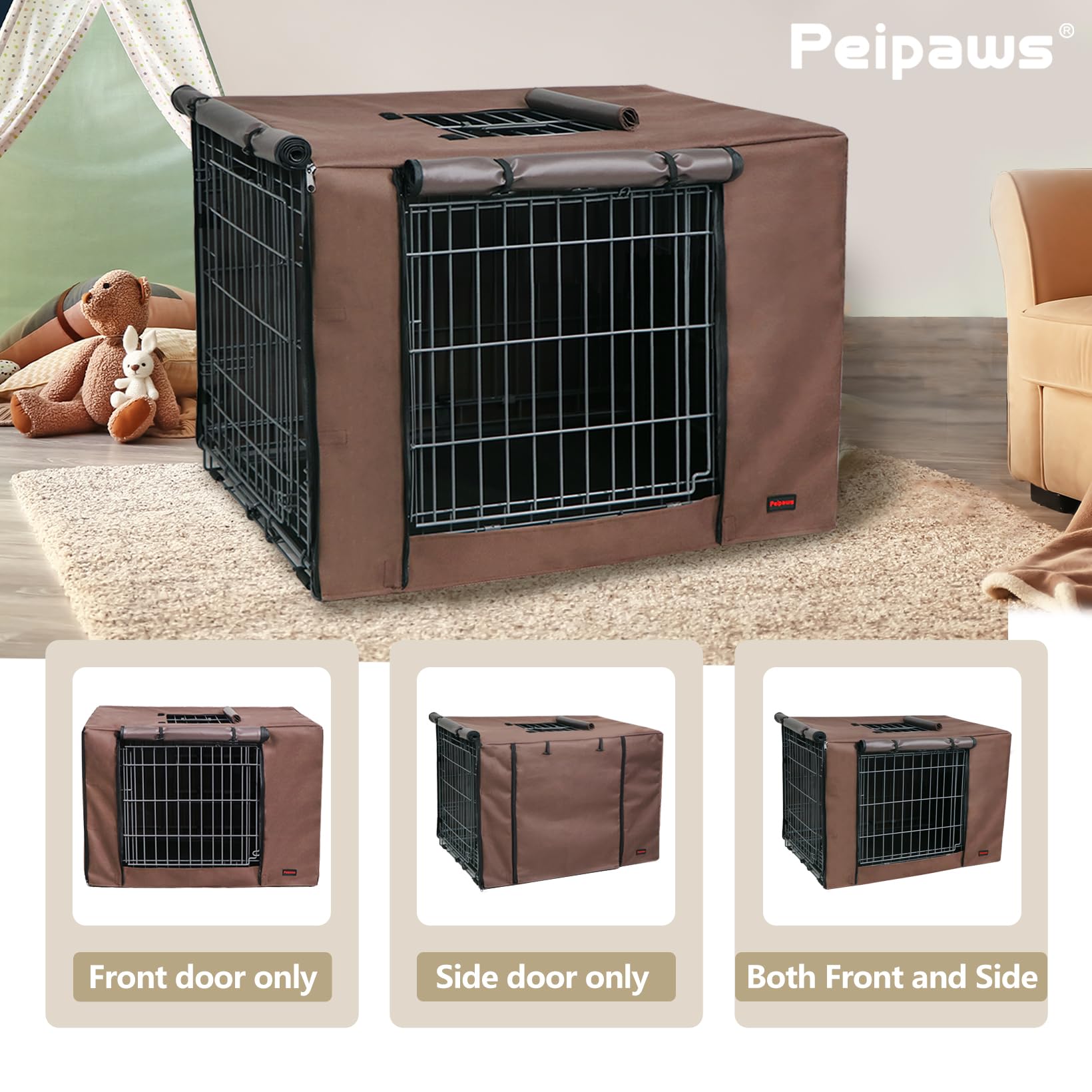 Peipaws Dog Crate Cover 48 Inch- Three Doors Waterproof Dog Kennel Cover, 600D Oxford Fabric Cage Covers with a Water Bottle Nozzle, Allowing Dogs to Drink Water at Any Time. Brown (Cover Only)