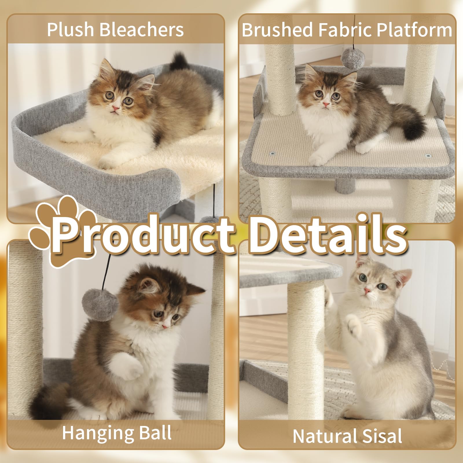 Jgchonwen Durable Cat Tree with Bed – 27.56in Multi-Level Sisal Cat Scratching Posts (Grey)