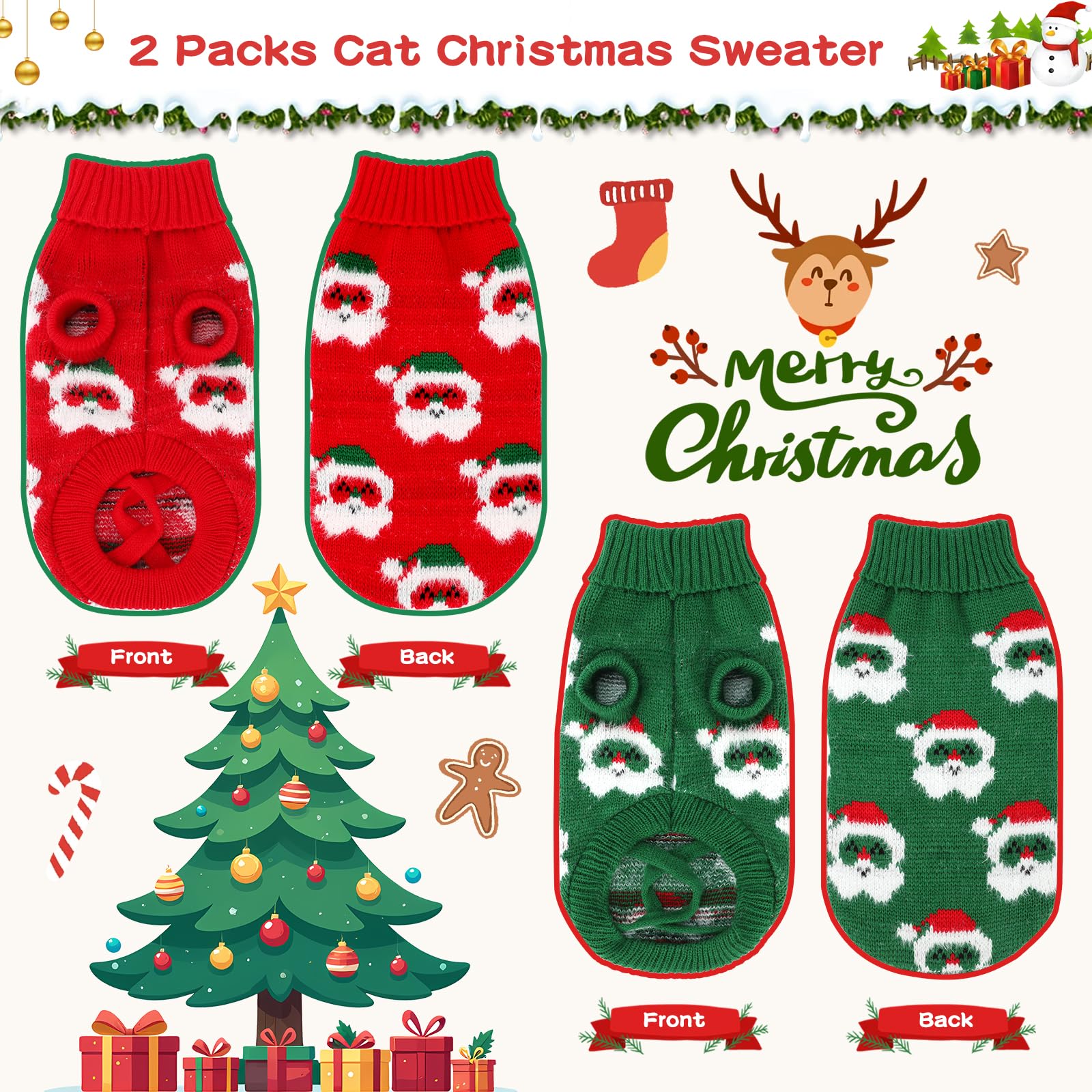 BWOGUE 2 Packs Cat Christmas Sweater Dog Sweaters Pet Cat Winter Knitwear Warm Clothes Pet Santa Claus Merry Christmas Pets Sweaters for Kittys and Small Dogs