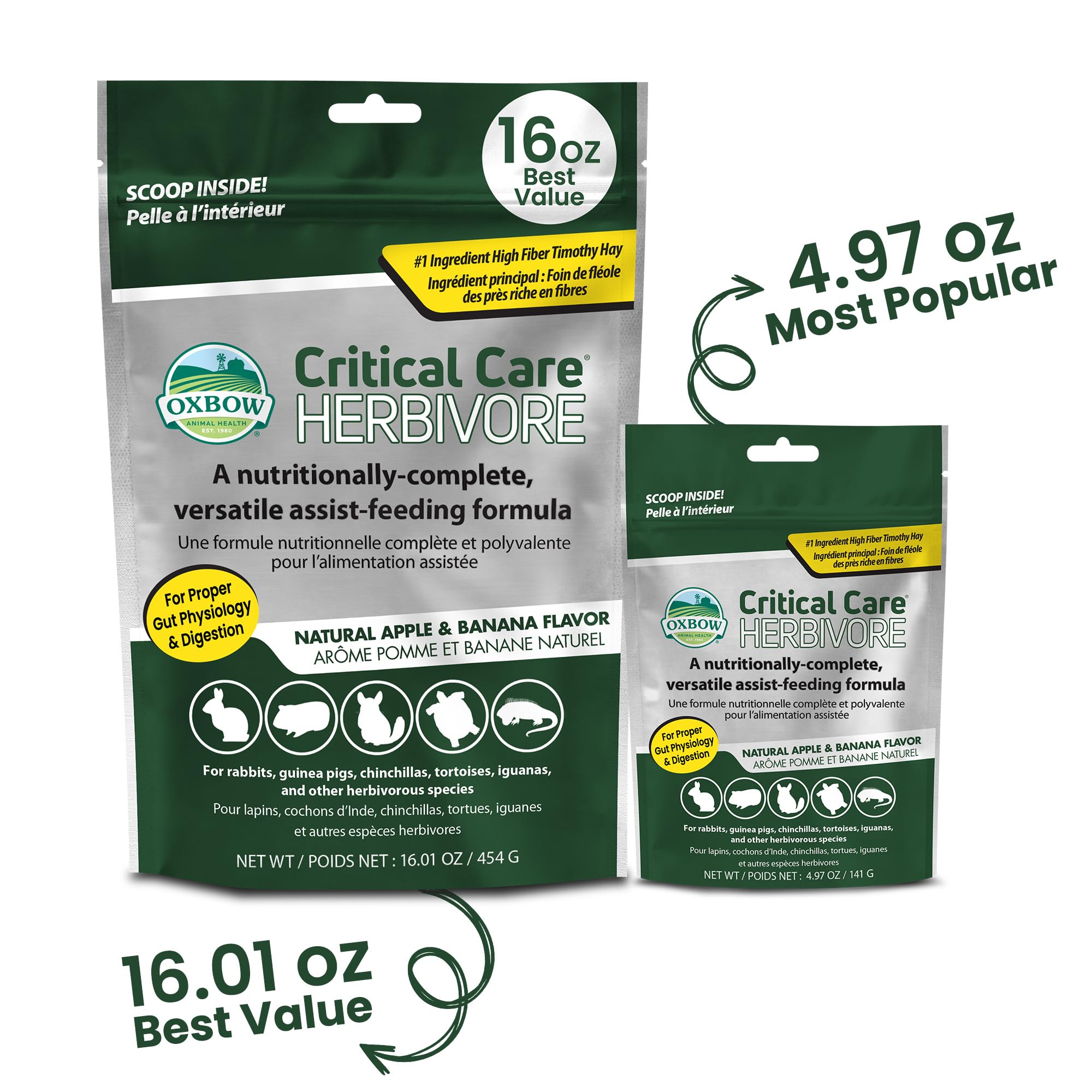 Oxbow Critical Care Herbivore – Alimento de recuperación para conejos y cobayas, sabor manzana y plátano, 141 g, 3 unidades