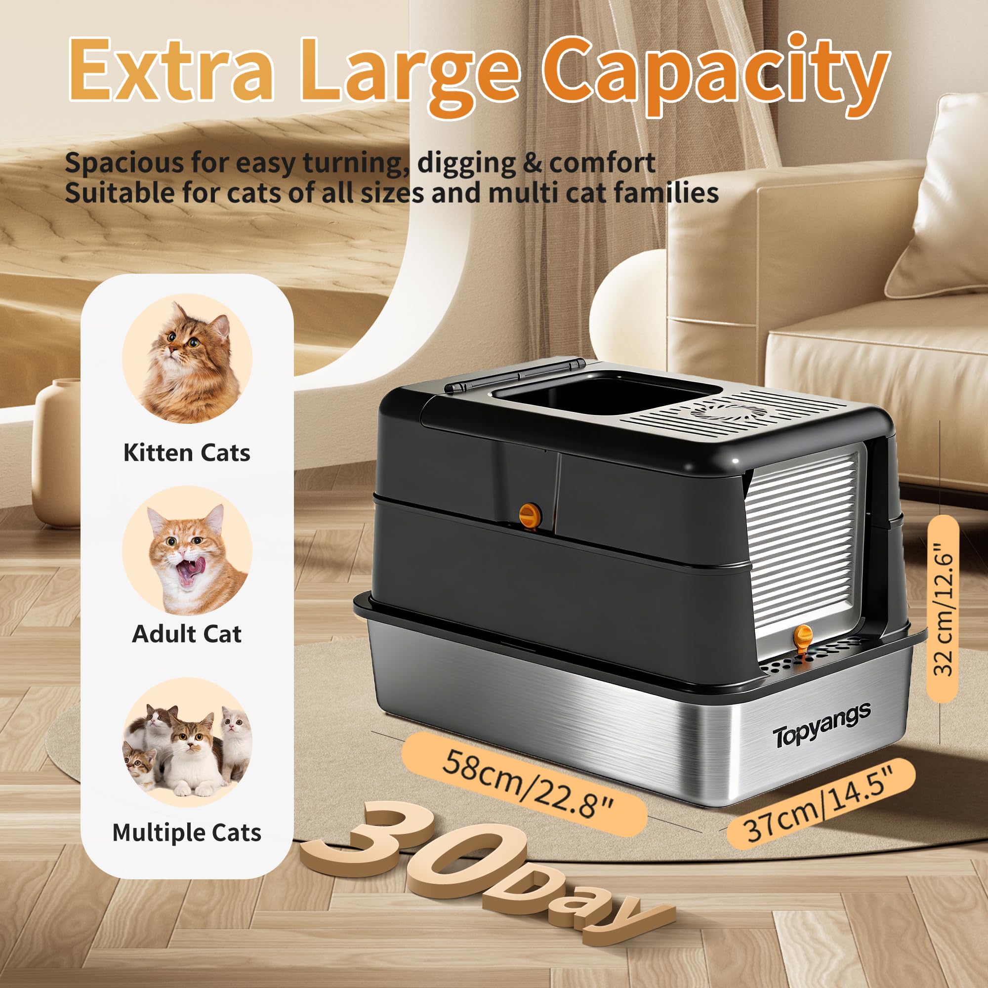‌Topyangs Stainless Steel Litter Box with Lid, 135° Flip-Top Enclosed Cat Litter Box, Odor-Control Metal Breeze System, Covered High Sides Anti-Spill, Cat Lover Gift, Black