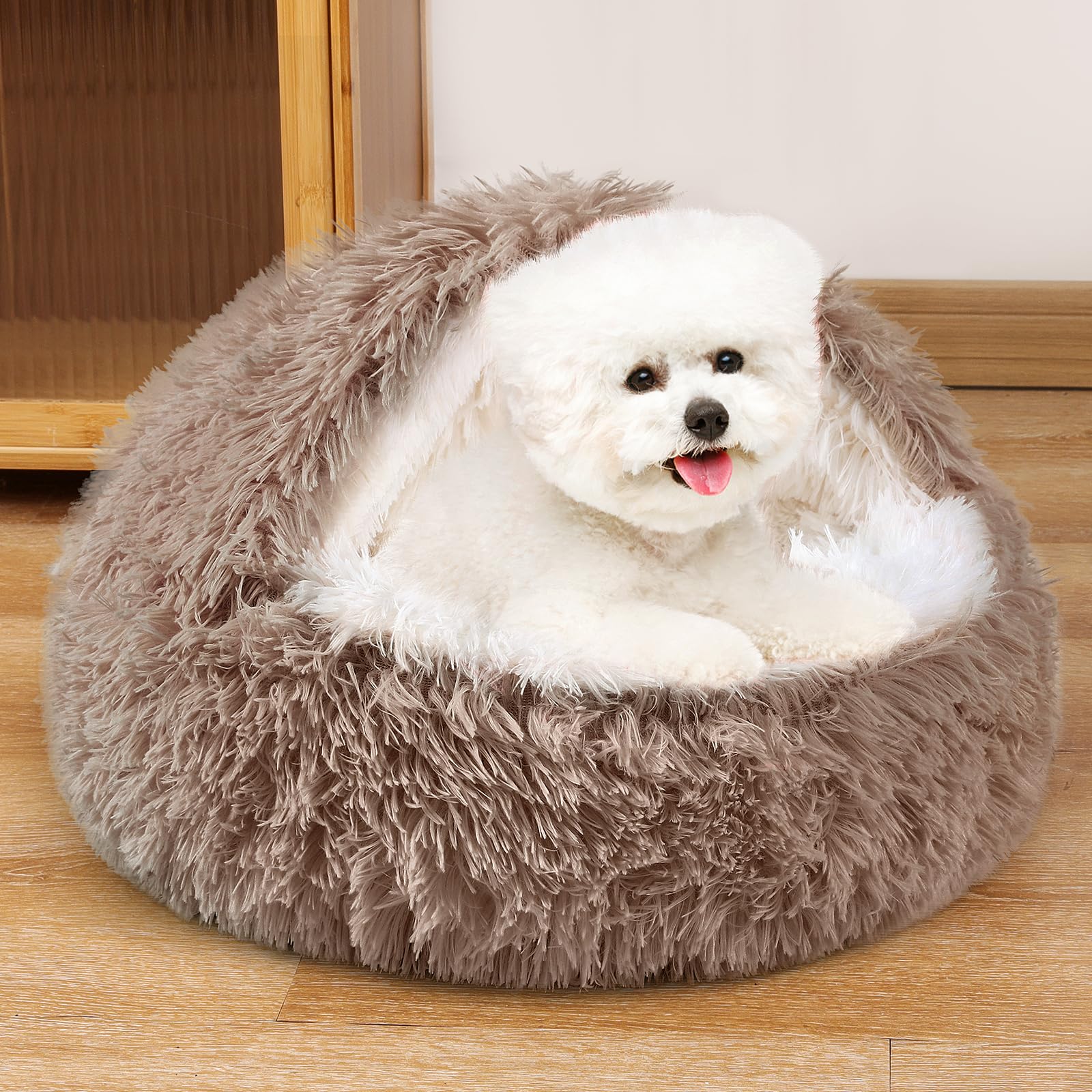 NOYAL Round Hooded Donut Dog Bed for Small & Medium Pets - Plush Fluffy Anti-Anxiety Cat Cave Bed with Cover