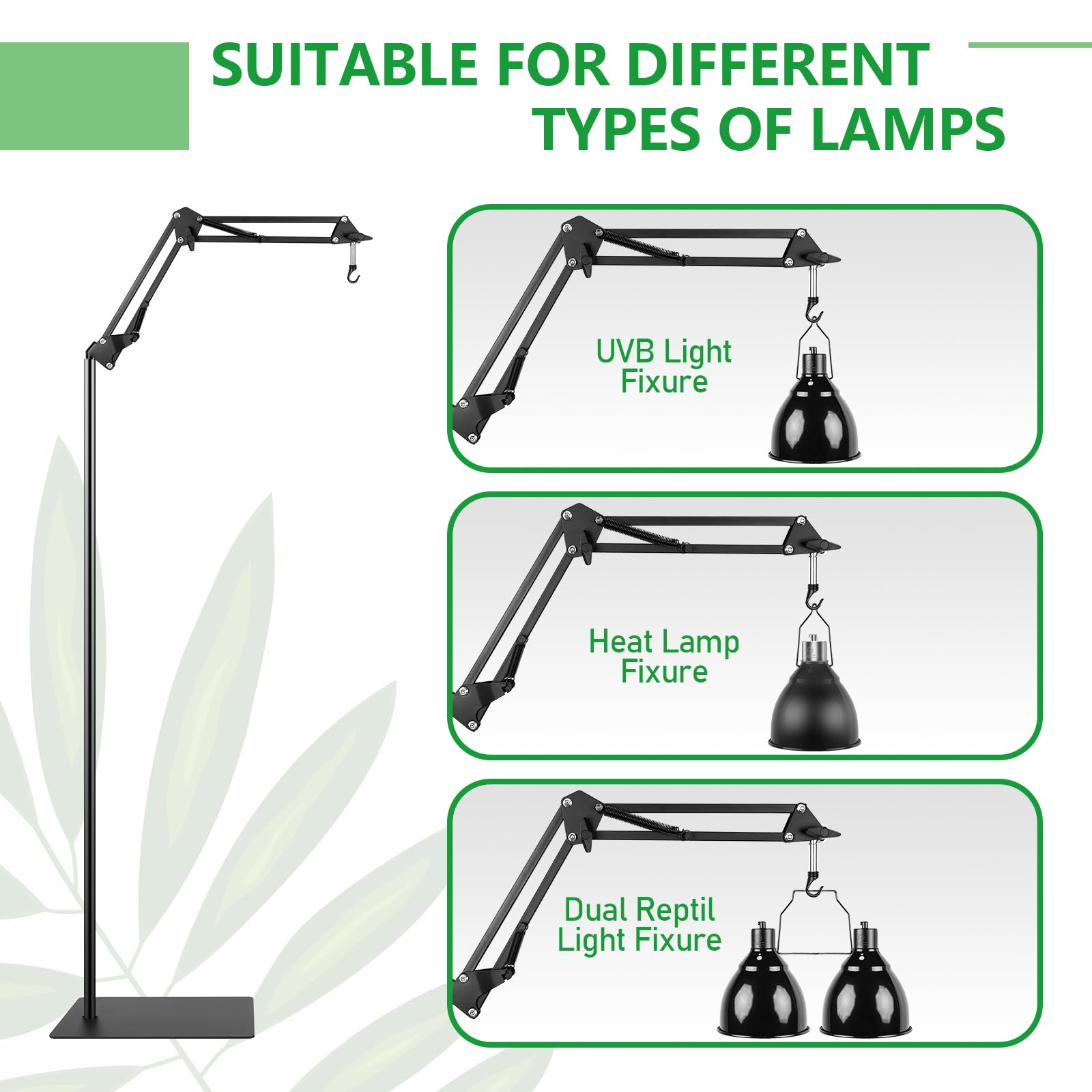 BETAZOOER 360° Adjustable Reptile Lamp Stand | Heavy Duty Metal Heat Lamp Holder (12-54in) for Bearded Dragons, Snake Tanks | 180° Foldable & Anti-Slip Base