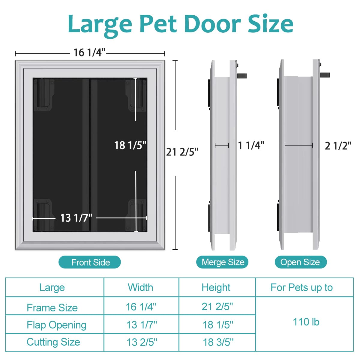 Large Dog Door, Energy Efficient French Doggy Door with Aluminum Frame, Telescoping Tunnel, Magnetic Flaps and Sliding Lock Panel - Large
