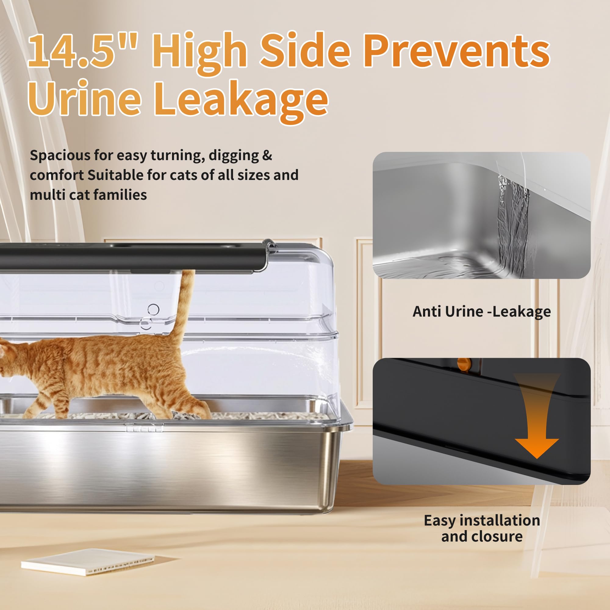 ‌Topyangs Stainless Steel Litter Box with Lid, 135° Flip-Top Enclosed Cat Litter Box, Odor-Control Metal Breeze System, Covered High Sides Anti-Spill, Cat Lover Gift, Black