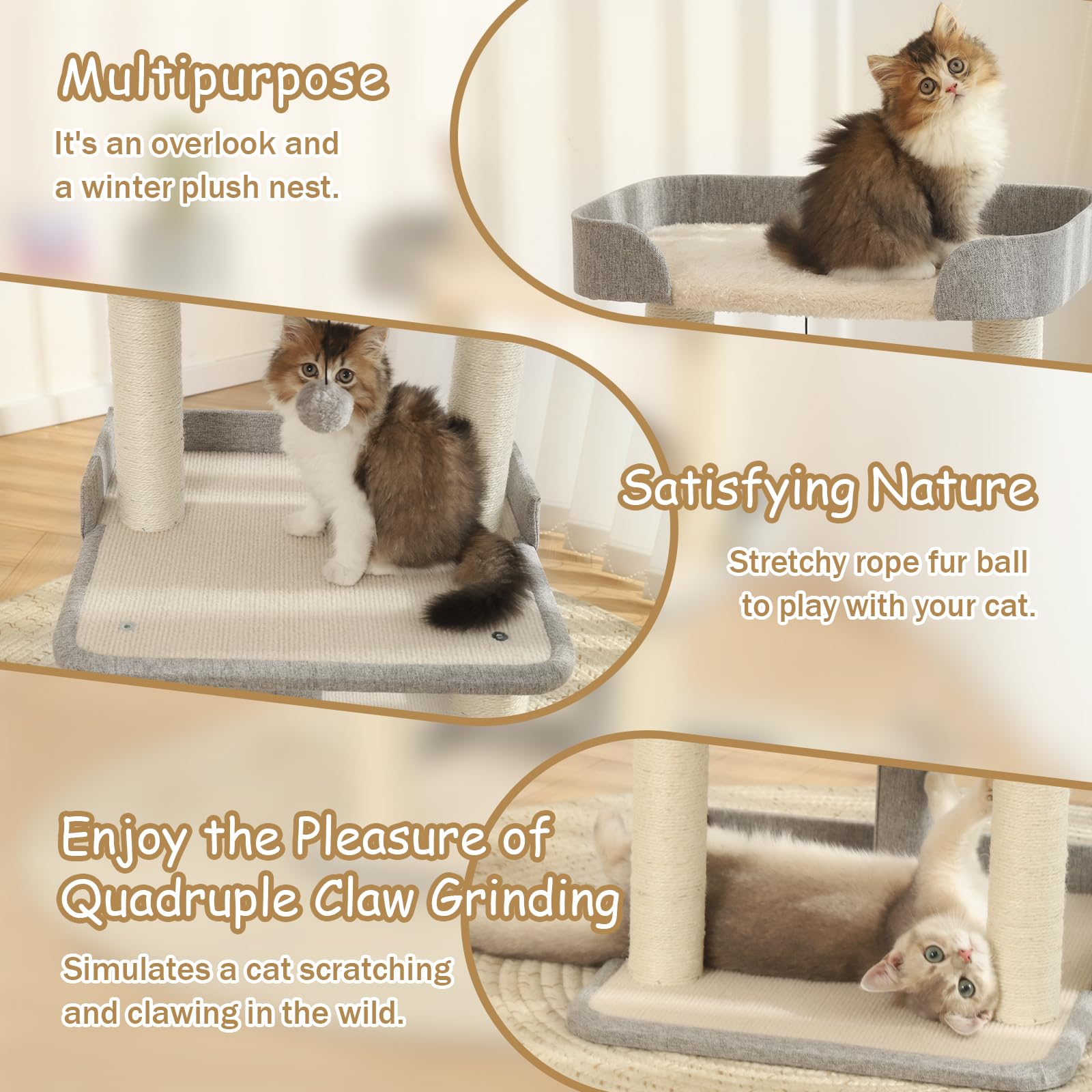 Jgchonwen Durable Cat Tree with Bed – 27.56in Multi-Level Sisal Cat Scratching Posts (Grey)