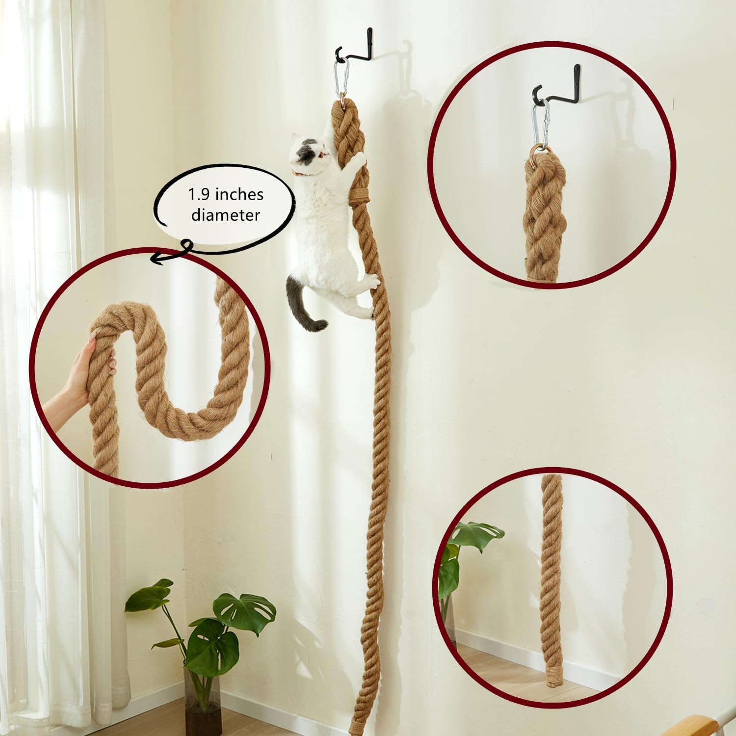SHENGOCASE Cat Climbing Rope — 6.56 Ft Wall-Mounted Jute Climbing Pole (1.9