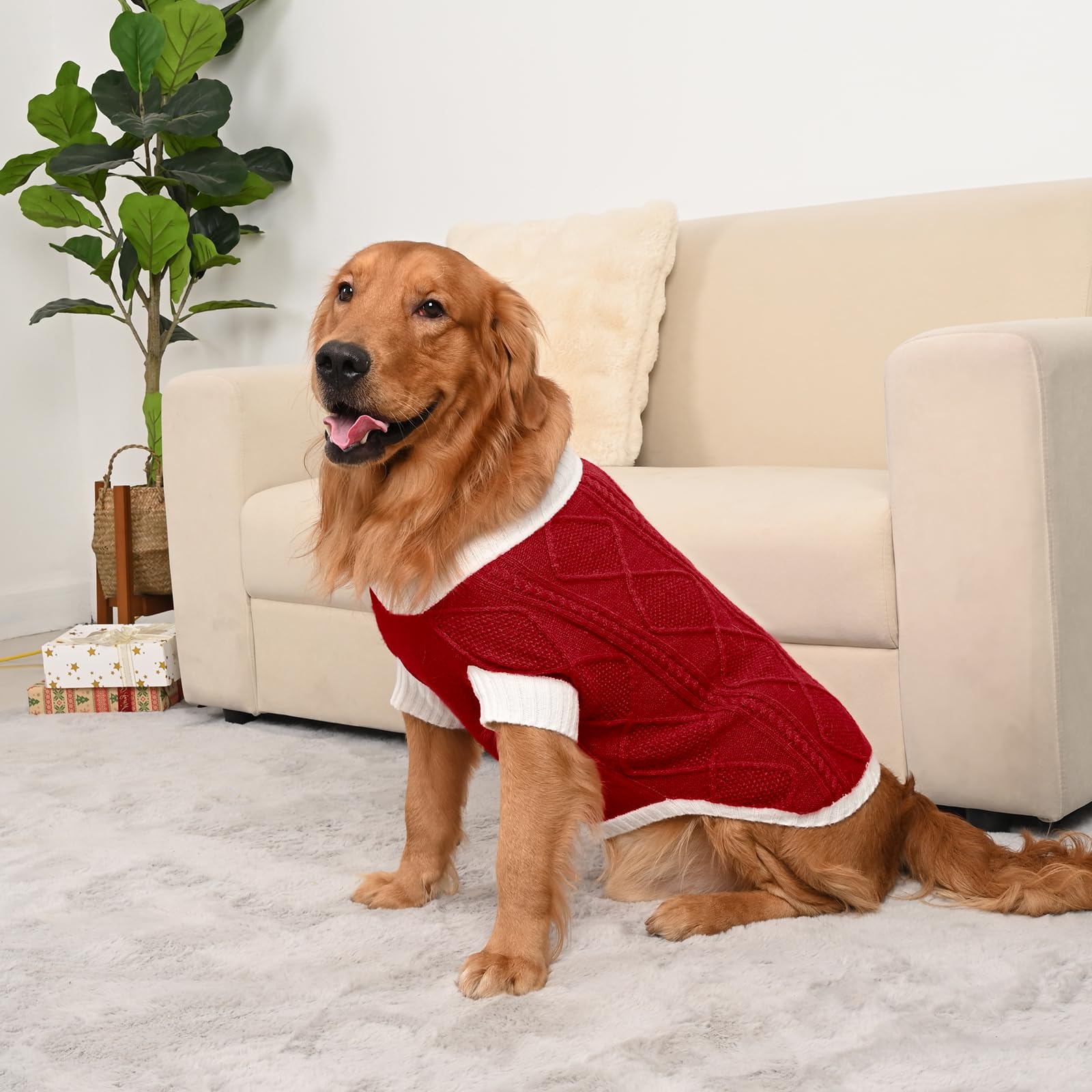 Lorehelina Dog Sweater for Large Dogs Argyle Cable Knit Turtleneck Pullover Winter Clothes for Boys Girls Stretch Golden Retriever Bulldog Pitbull Labrador Doberman Christmas Pet (XXL, Red)