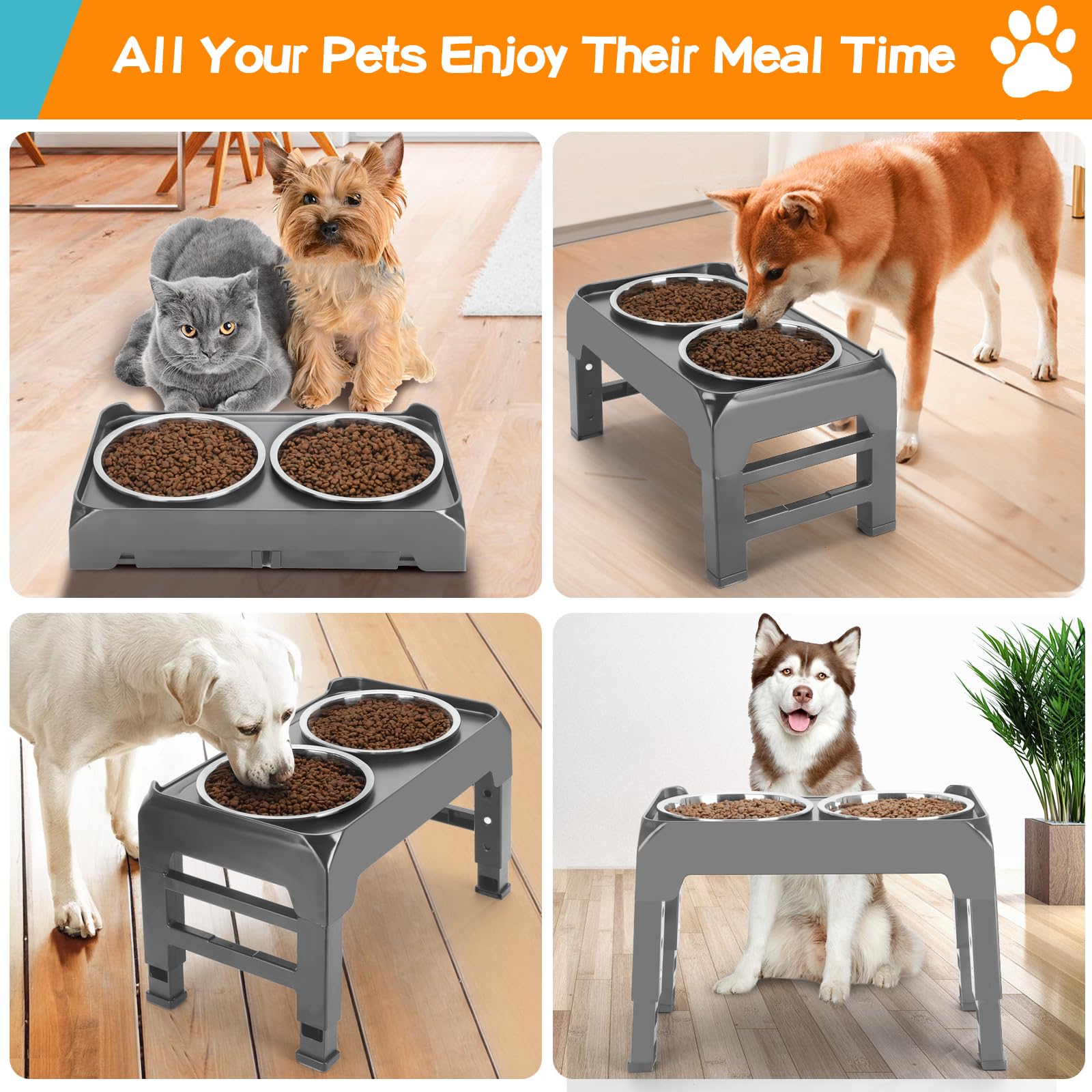 Elevated Bowls, 4 Height Adjustable Raised Stand With 2 Thick 50oz Stainless Steel Food Bowls, Non-Slip Feeder for Large Medium Dogs, Adjusts to 3.7", 9.2", 10.75", 12.36" Grey