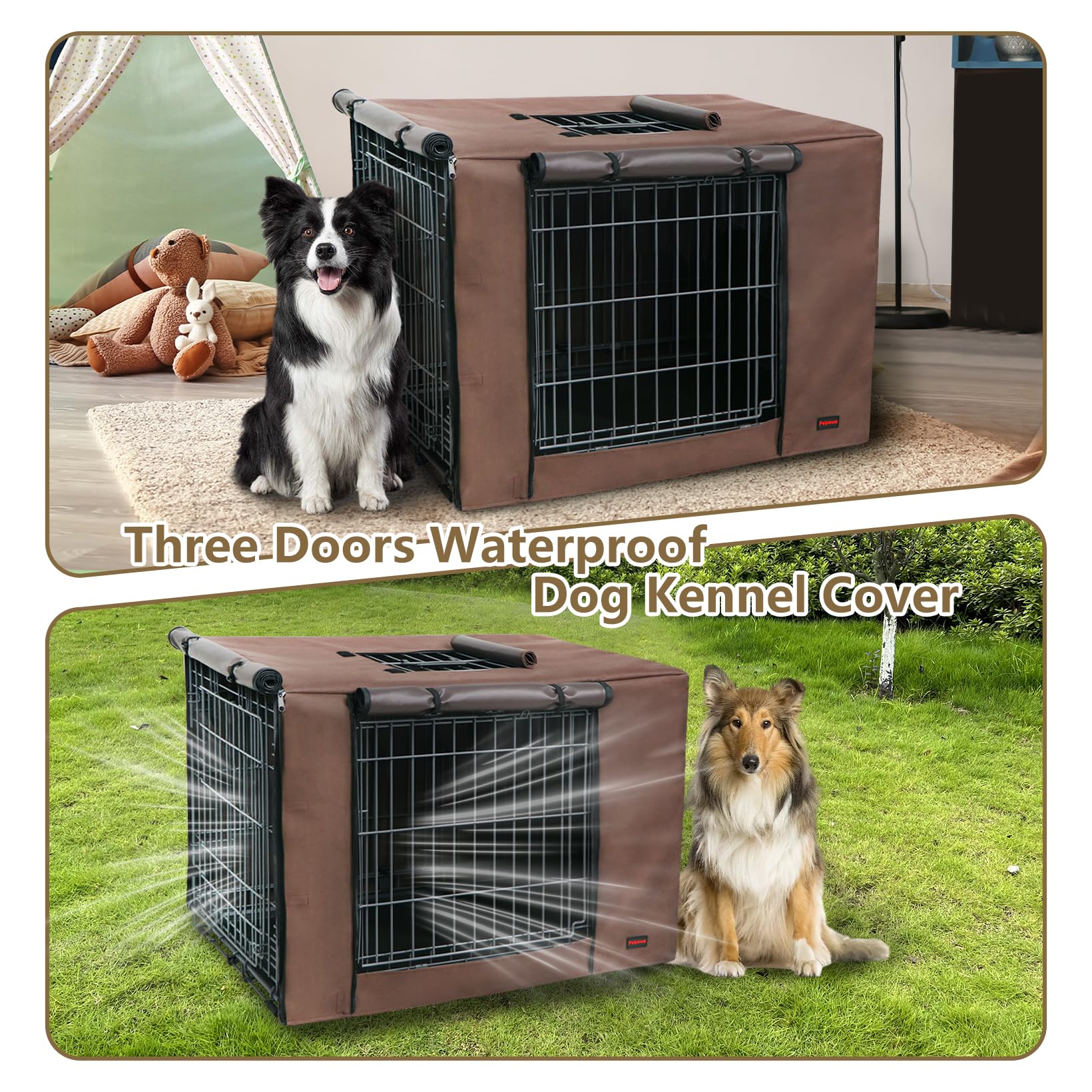 Peipaws Dog Crate Cover 48 Inch- Three Doors Waterproof Dog Kennel Cover, 600D Oxford Fabric Cage Covers with a Water Bottle Nozzle, Allowing Dogs to Drink Water at Any Time. Brown (Cover Only)