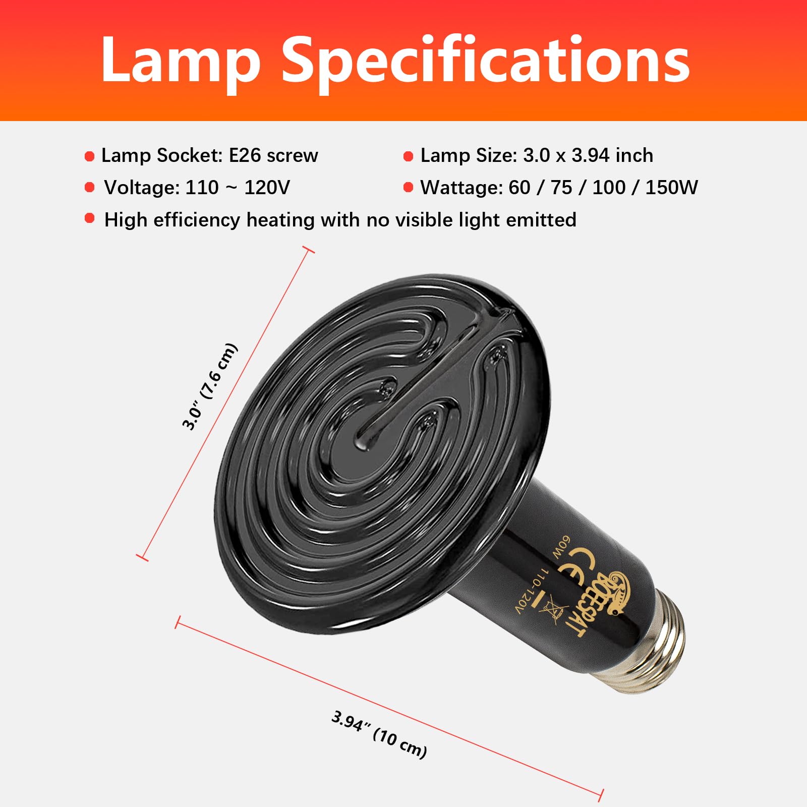 BOEESPAT 100W Ceramic Heat Emitter for Day and Night Use, Pack of 2 Reptile Basking Heat Lamp for Bearded Dragon, Lizard, Iguana & Amphibians (Black, 100 Watts)