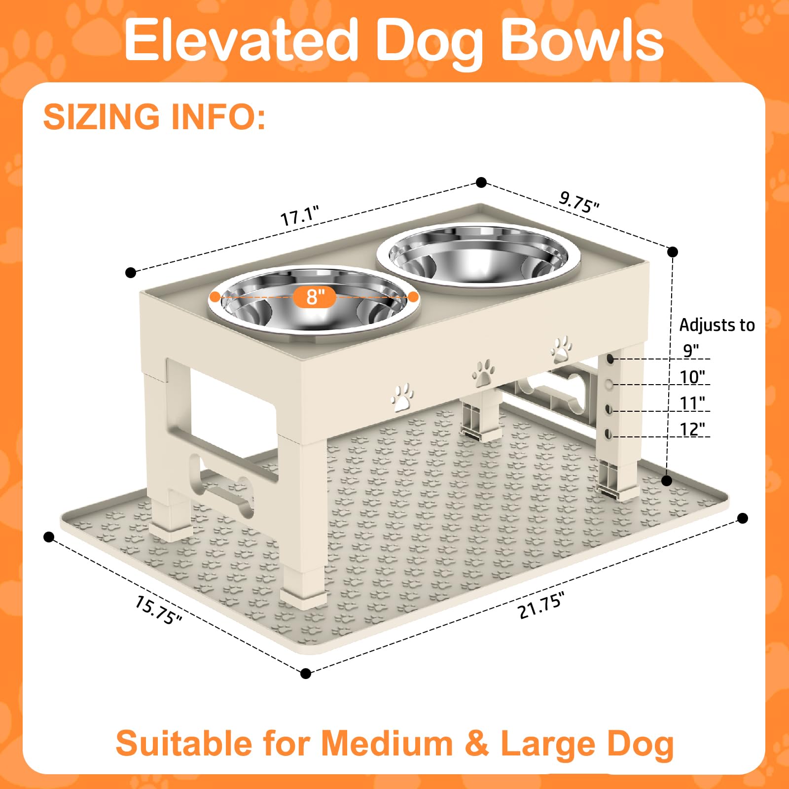 LAKIPETN Elevated Dog Bowls with Mat, Raised Dog Food Bowl Stand with 2 Stainless Steel Bowls, 5 Height Adjustable (3.1", 9", 10", 11", 12") Non-Slip Feeder Set for Medium and Large Dogs – Apricot