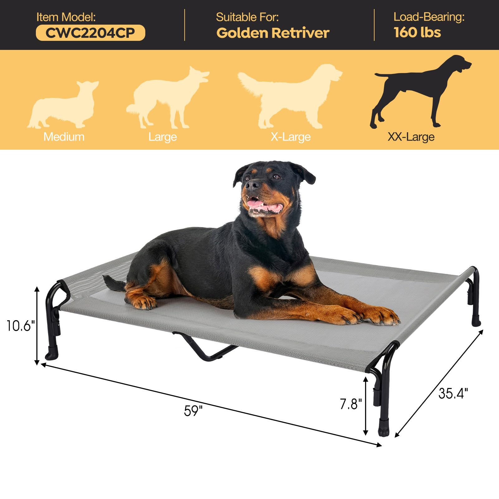 Veehoo XXL Outdoor Elevated Dog Bed, Raised Dog Cot for Extra Large Dogs, Cooling Washable Waterproof Pet Hammock Beds with Slope Headrest, Breathable Mesh and Sturdy Frame, XX-Large, Grey, CWC2204