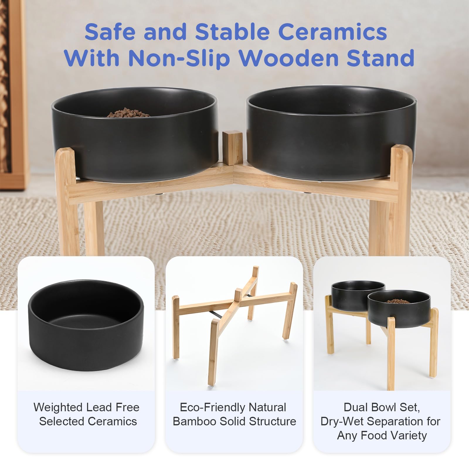 SPUNKYJUNKY Elevated Dog Bowls Ceramic, 8.3'' Dogs Food Water Bowls Raised with Non-Slip Bamboo Stand for Large Sized Breed Microwave Dishwasher Safe - 60 OZ,Black