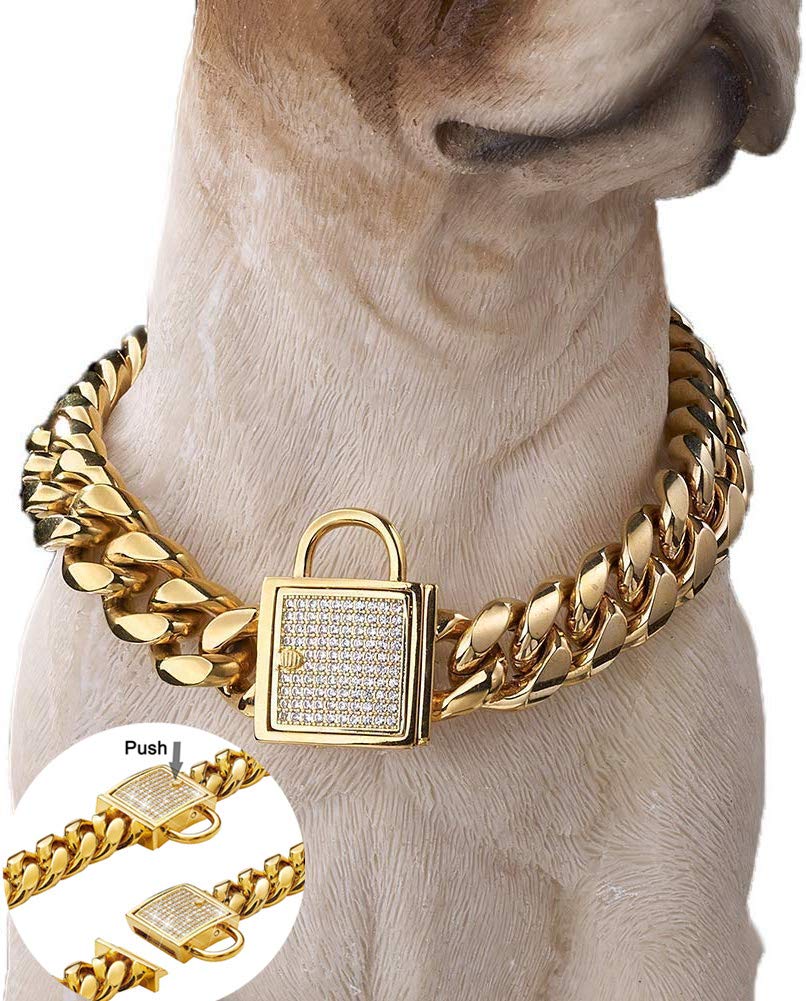 AIYIDI Gold Dog Collar – 14mm Stainless Steel Cuban Chain with Zirconia Lock, 24-inch