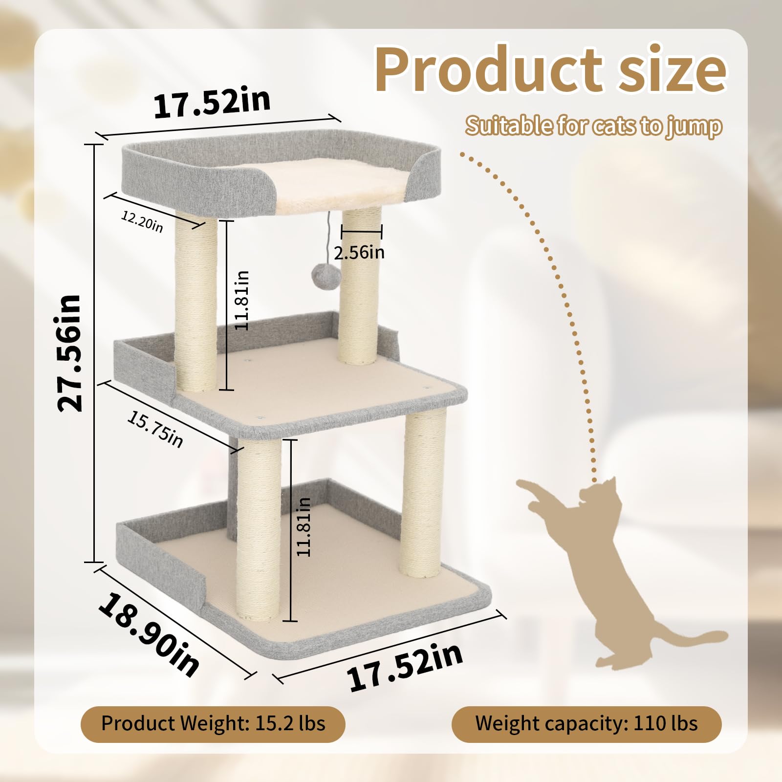 Jgchonwen Durable Cat Tree with Bed – 27.56in Multi-Level Sisal Cat Scratching Posts (Grey)