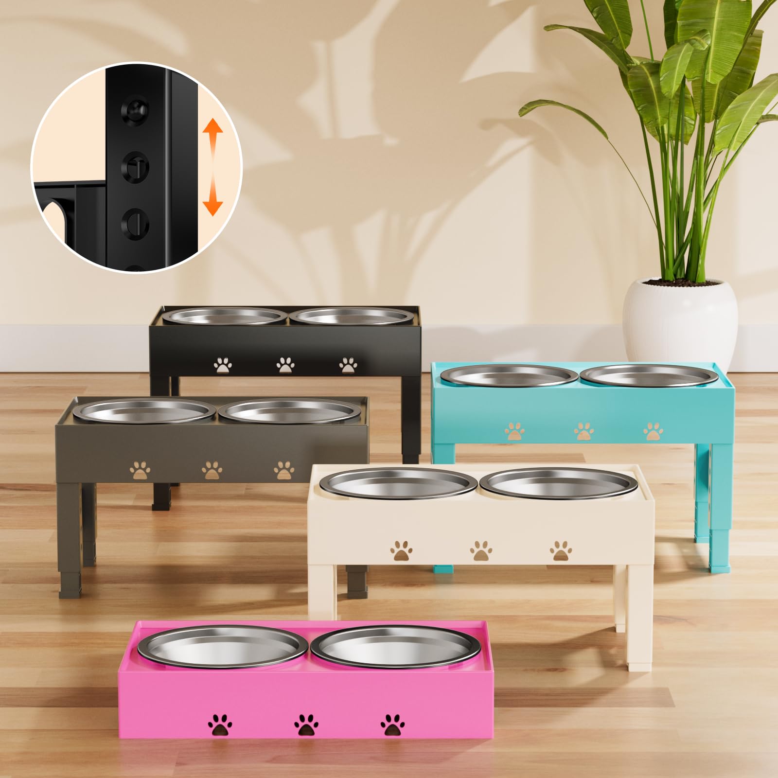 LAKIPETN Elevated Dog Bowls with Mat, Raised Dog Food Bowl Stand with 2 Stainless Steel Bowls, 5 Height Adjustable (3.1", 9", 10", 11", 12") Non-Slip Feeder Set for Medium and Large Dogs – Apricot