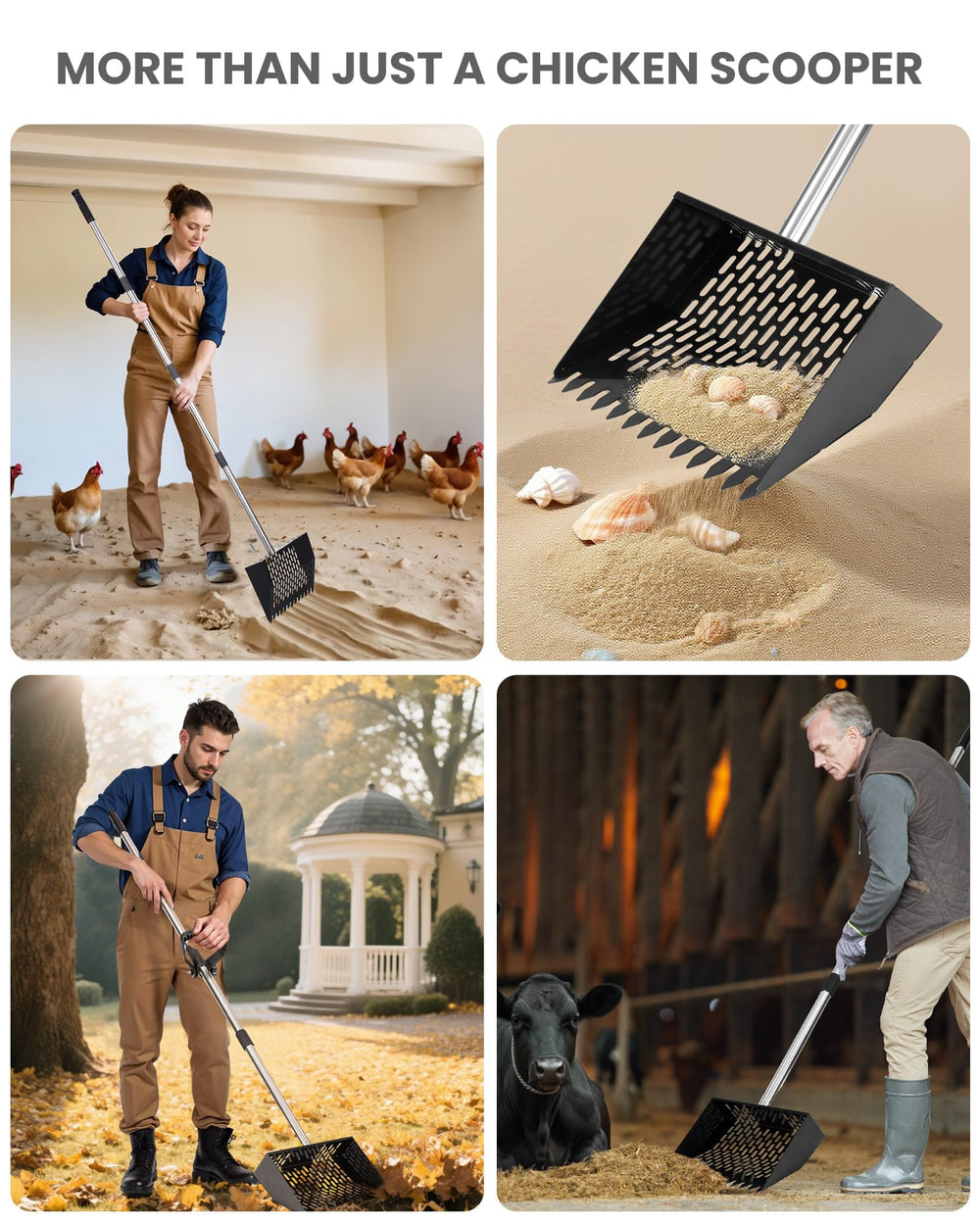 QULUXAO multipurpose tool suitable for coops, gardens, stables, and sandpits.