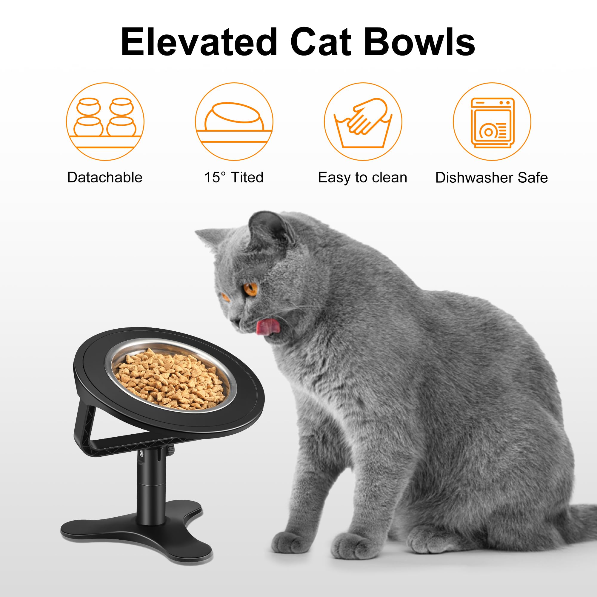 Tolopu Raised Cat Bowls – Height-Adjustable Stand, 15° Tilt, Non-Slip Stainless Steel (2-Pack)