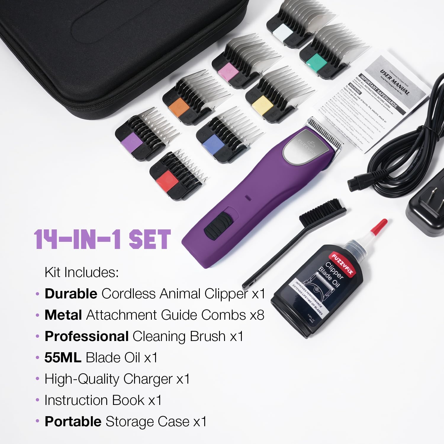 FuzzyFix Professional Dog Clippers for Grooming - 2 Speed Pet Grooming Kit for Thick Curly Matted Coats - Low Noise Heavy Duty Cordless Hair Trimmer with Detachable Metal Blade