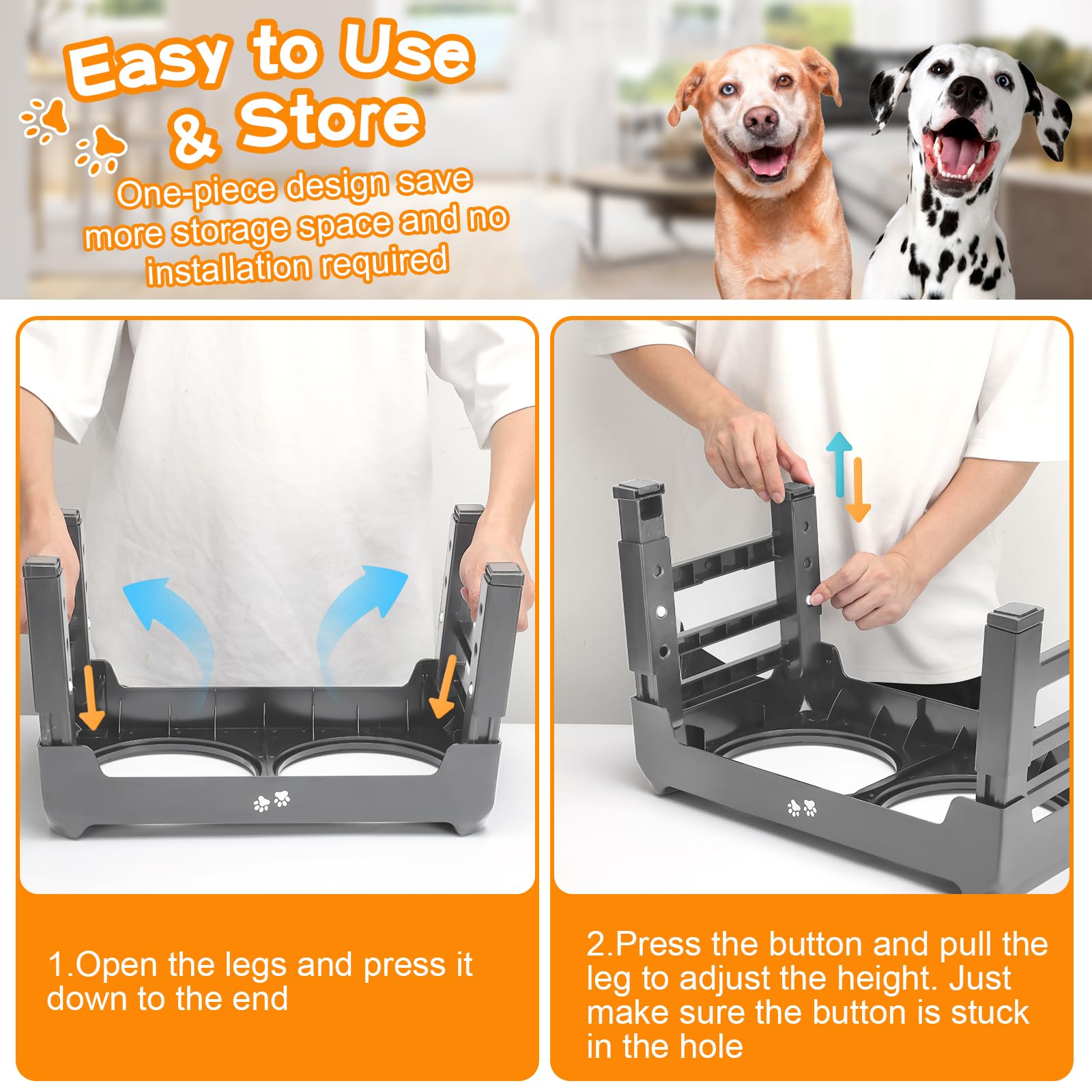 Elevated Bowls, 4 Height Adjustable Raised Stand With 2 Thick 50oz Stainless Steel Food Bowls, Non-Slip Feeder for Large Medium Dogs, Adjusts to 3.7", 9.2", 10.75", 12.36" Grey