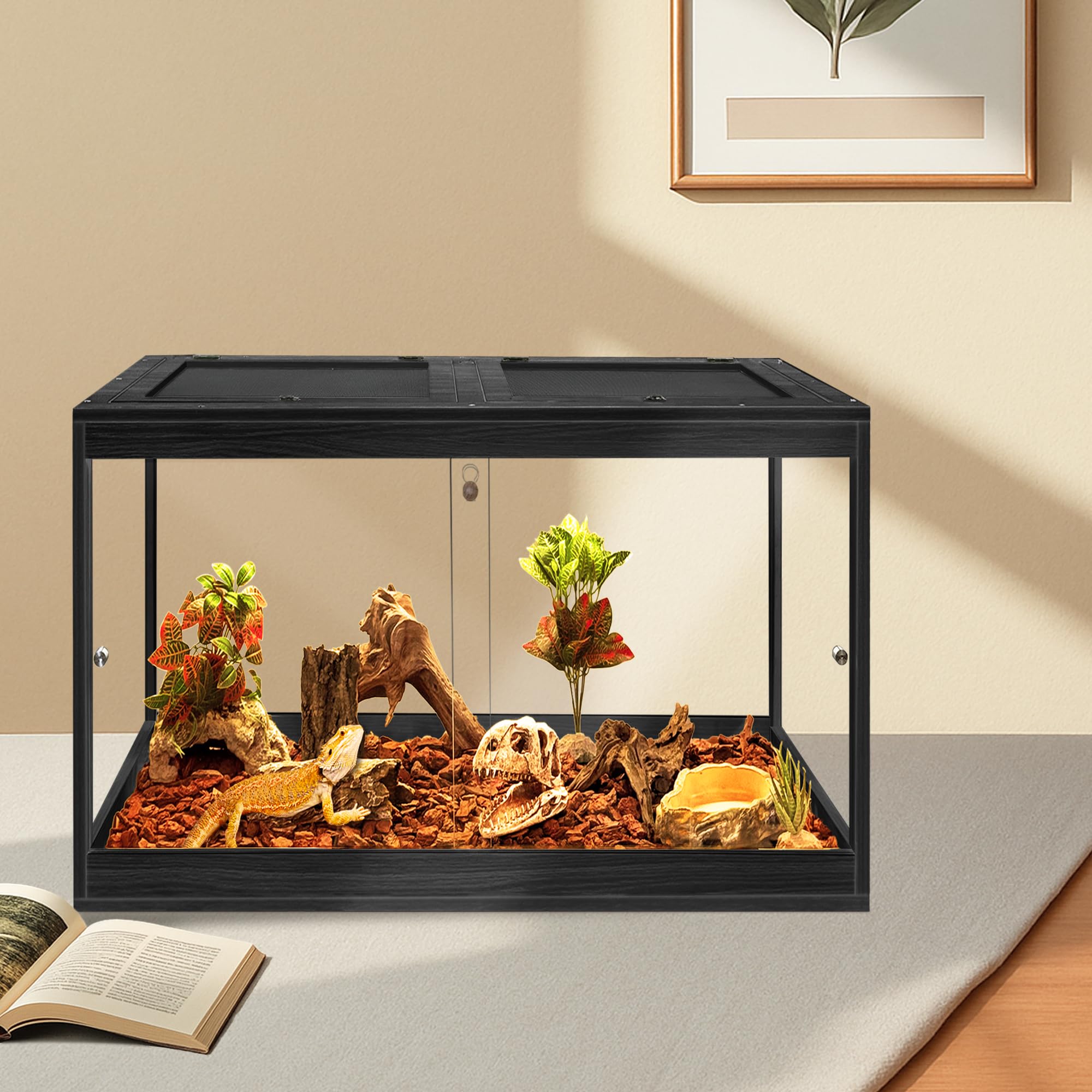 Prolee Tempered Glass Reptile Tank 28 Gallon — Bearded Dragon Habitat with Locking Doors & Metal Mesh Roof