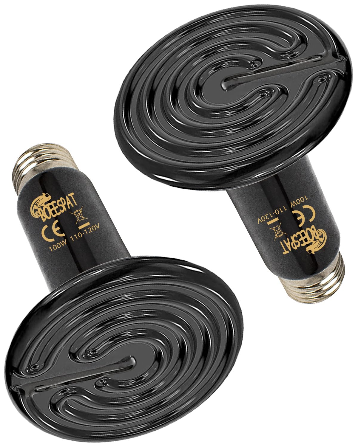 BOEESPAT 100W Ceramic Heat Emitter for Day and Night Use, Pack of 2 Reptile Basking Heat Lamp for Bearded Dragon, Lizard, Iguana & Amphibians (Black, 100 Watts)