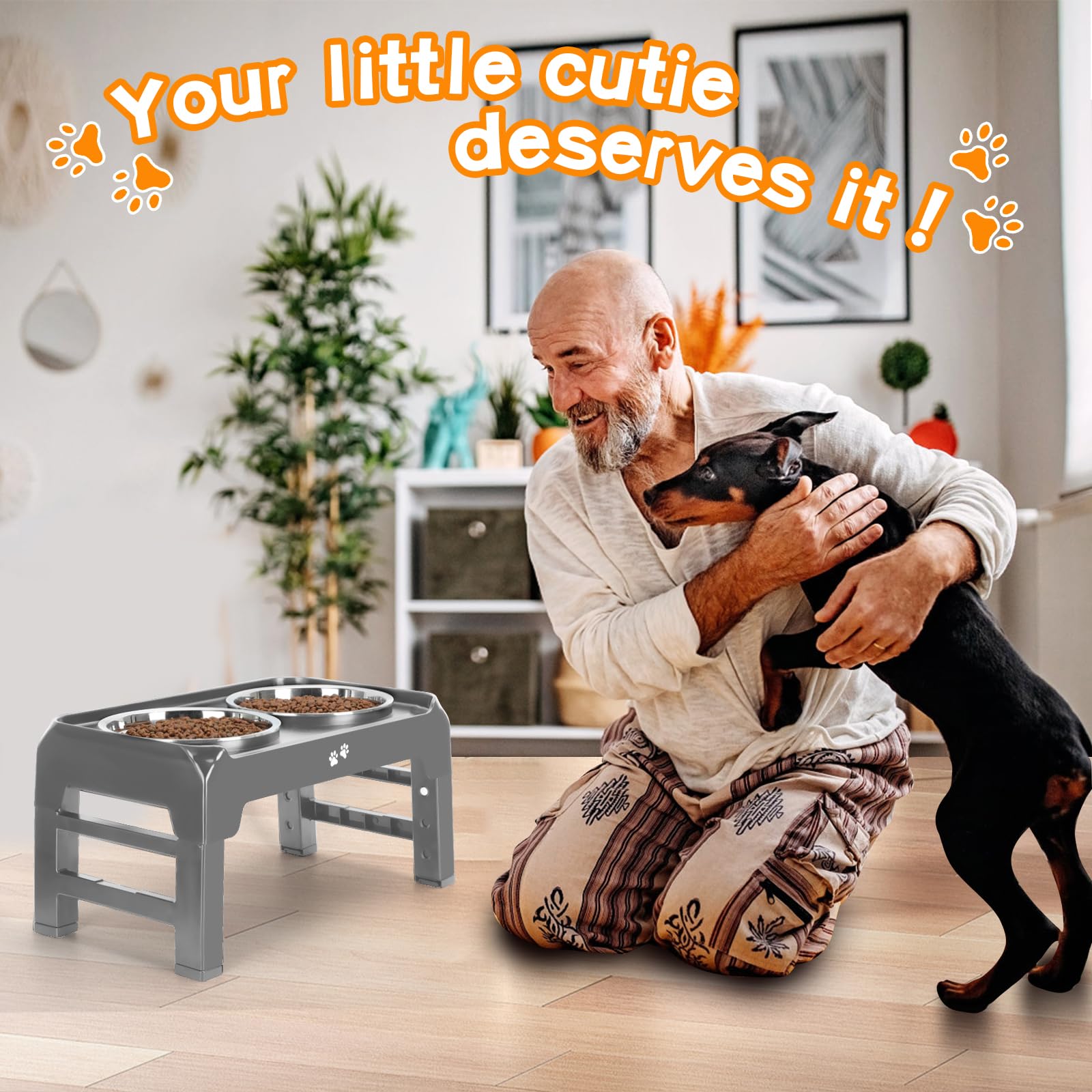 Elevated Bowls, 4 Height Adjustable Raised Stand With 2 Thick 50oz Stainless Steel Food Bowls, Non-Slip Feeder for Large Medium Dogs, Adjusts to 3.7", 9.2", 10.75", 12.36" Grey