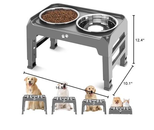 Elevated Bowls, 4 Height Adjustable Raised Stand With 2 Thick 50oz Stainless Steel Food Bowls, Non-Slip Feeder for Large Medium Dogs, Adjusts to 3.7", 9.2", 10.75", 12.36" Grey