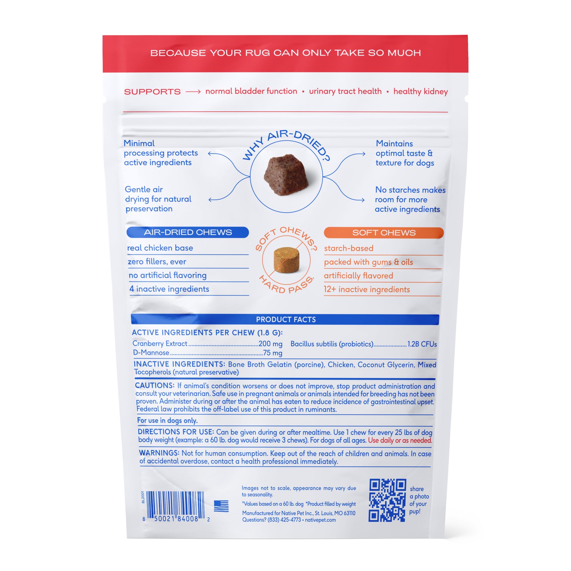 Native Pet Dog UTI Treatment - Cranberry, D-Mannose & Probiotics for Urinary Health | 30 Chews