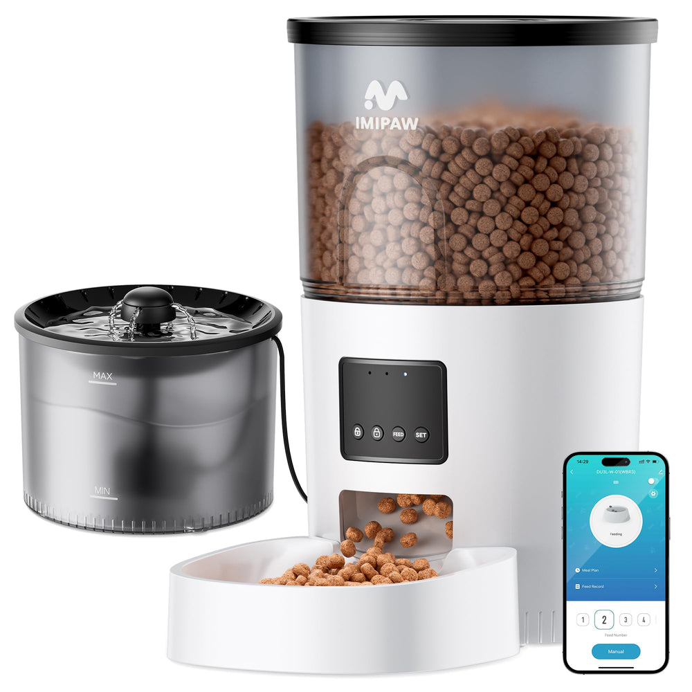 IMIPAW 5G WiFi cat feeder front view highlights programmable portions for scheduled meals