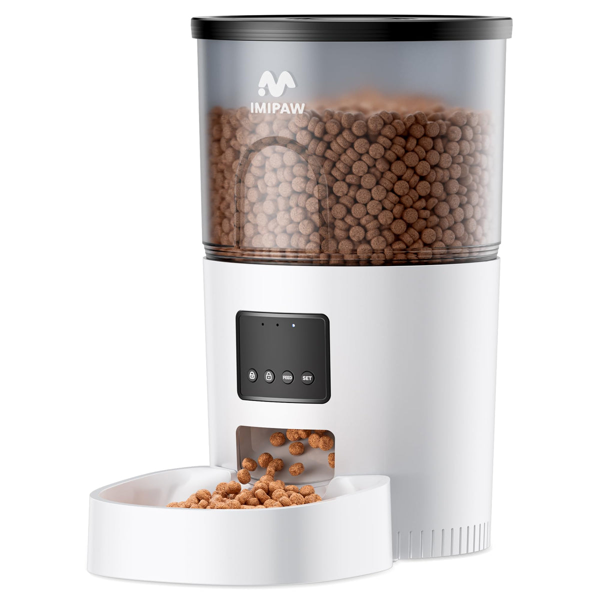 IMIPAW automatic cat feeder front view showing precise portion control for scheduled meals