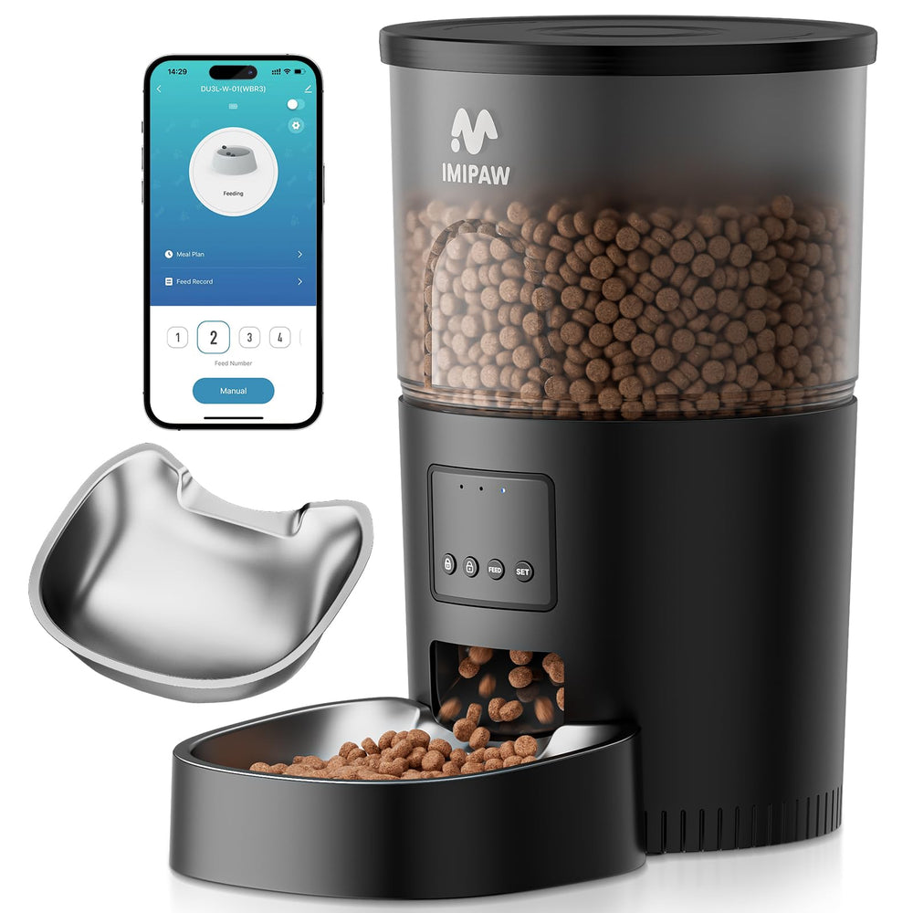 IMIPAW Automatic Cat Feeder front view shows scheduled meals and portion control
