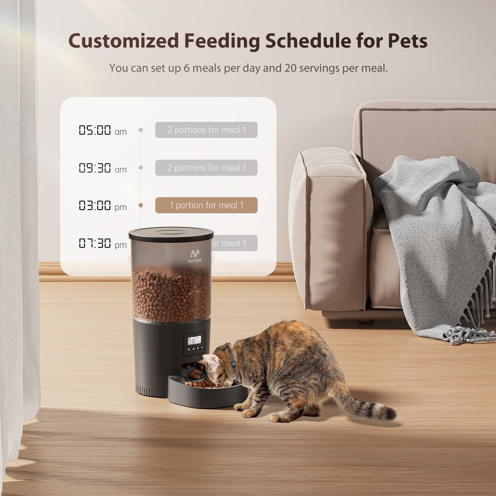IMIPAW automatic feeder on desk setup highlighting easy daily programming.