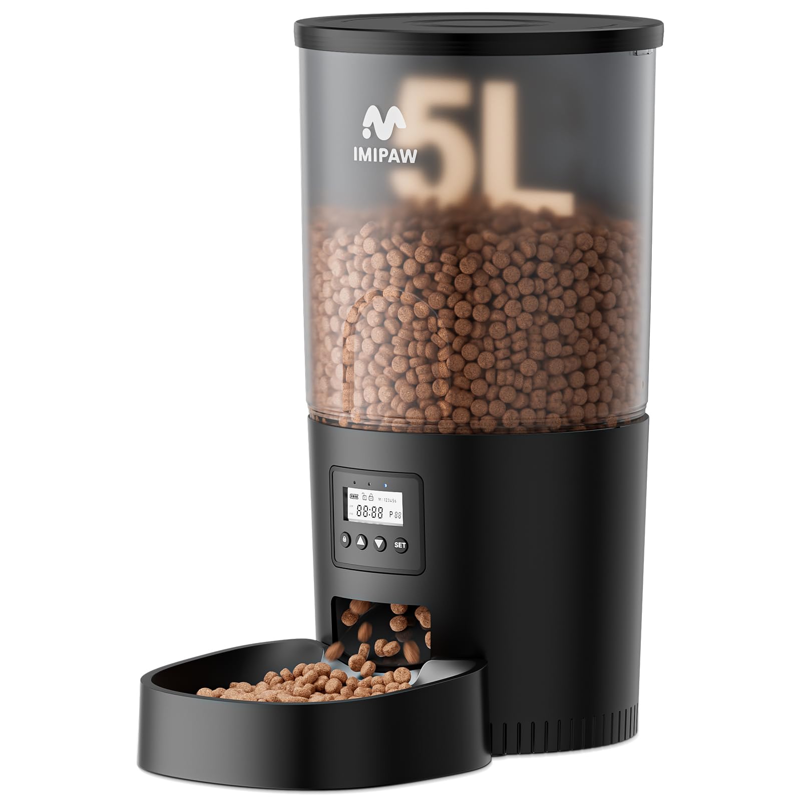 IMIPAW automatic feeder front view showing precise scheduled feeding for cats.