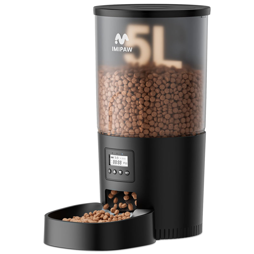 IMIPAW automatic feeder front view showing precise scheduled feeding for cats.
