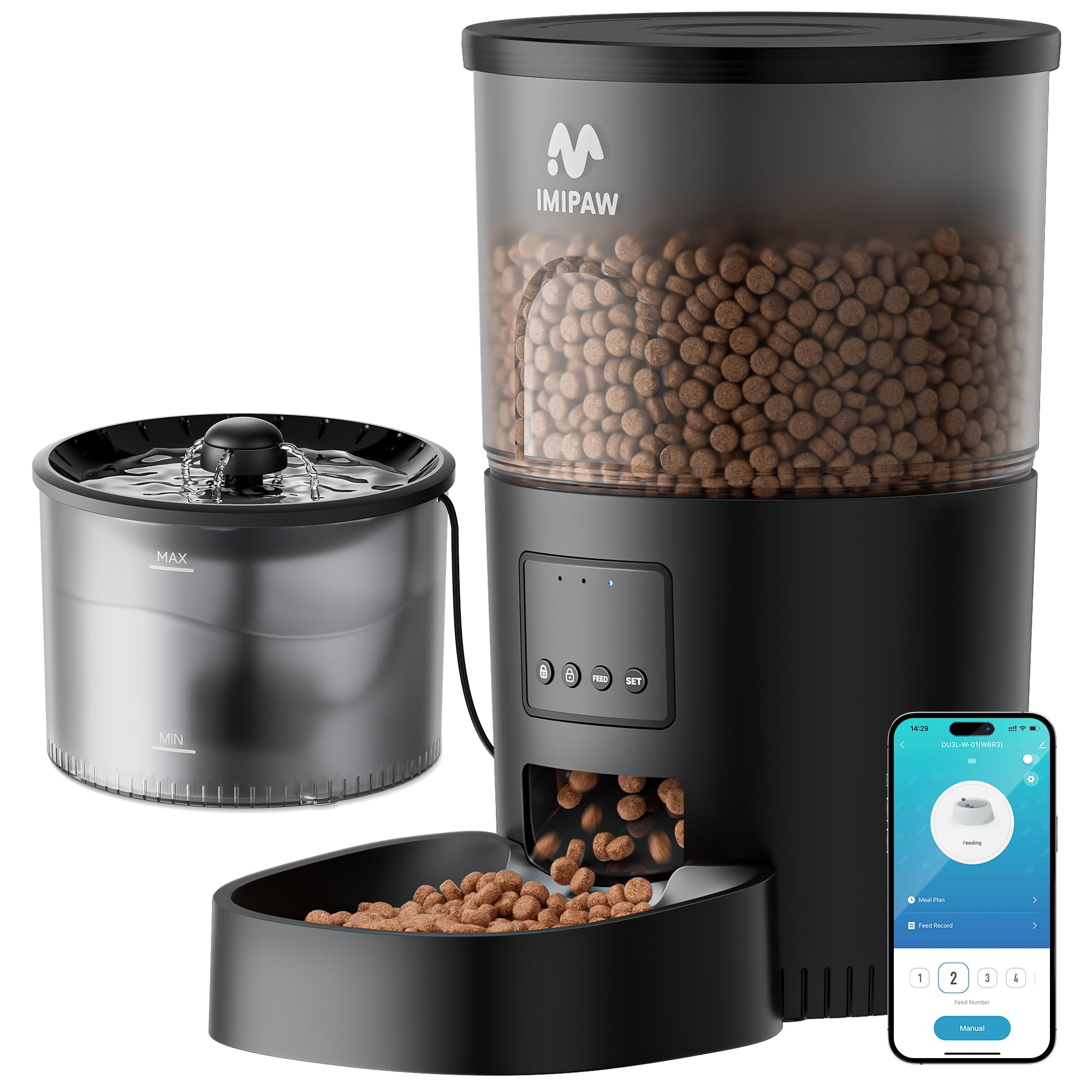 IMIPAW automatic feeder front view highlights programmable portions for scheduled meals.
