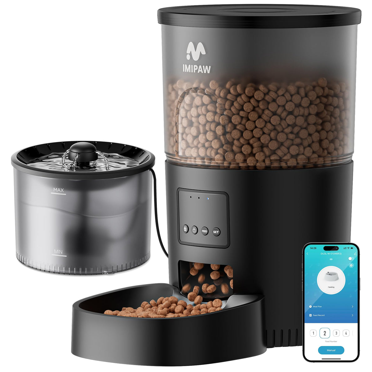 IMIPAW automatic feeder front view highlights programmable portions for scheduled meals.