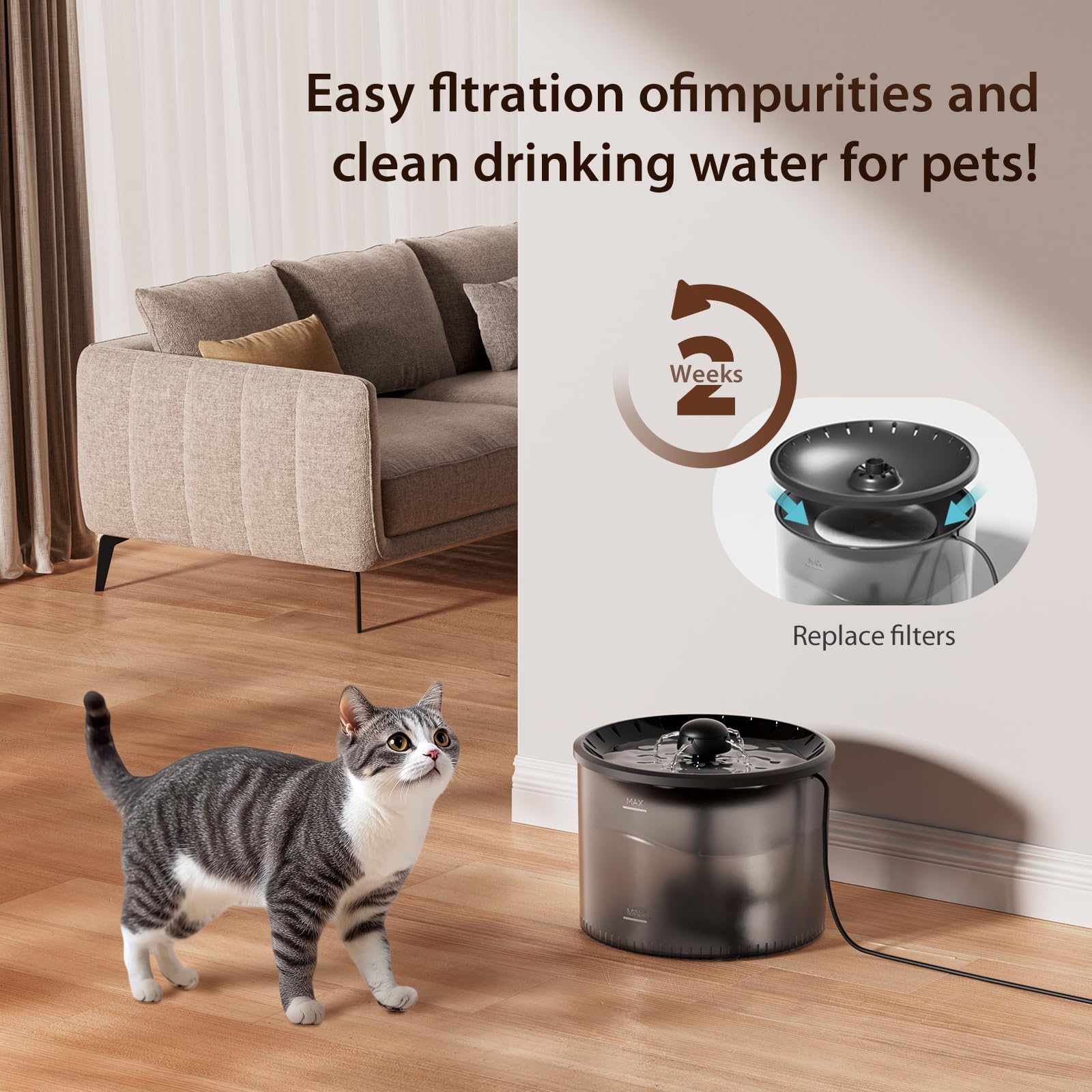 IMIPAW cat fountain in use demonstrates clean, fresh hydration for cats.